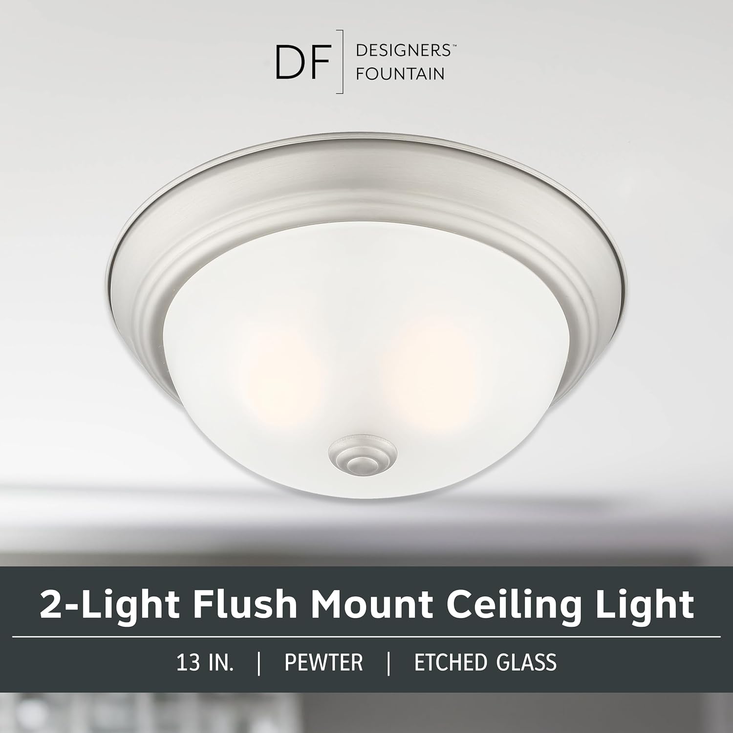 DESIGNERS FOUNTAIN Reedley 2-Lights Flush Mount Ceiling Light, 13 Inch Lighting Fixture for Kitchen, Bedroom, Bathroom, and Hallway, Pewter/White with Etched Glass, 1257M-PW-W