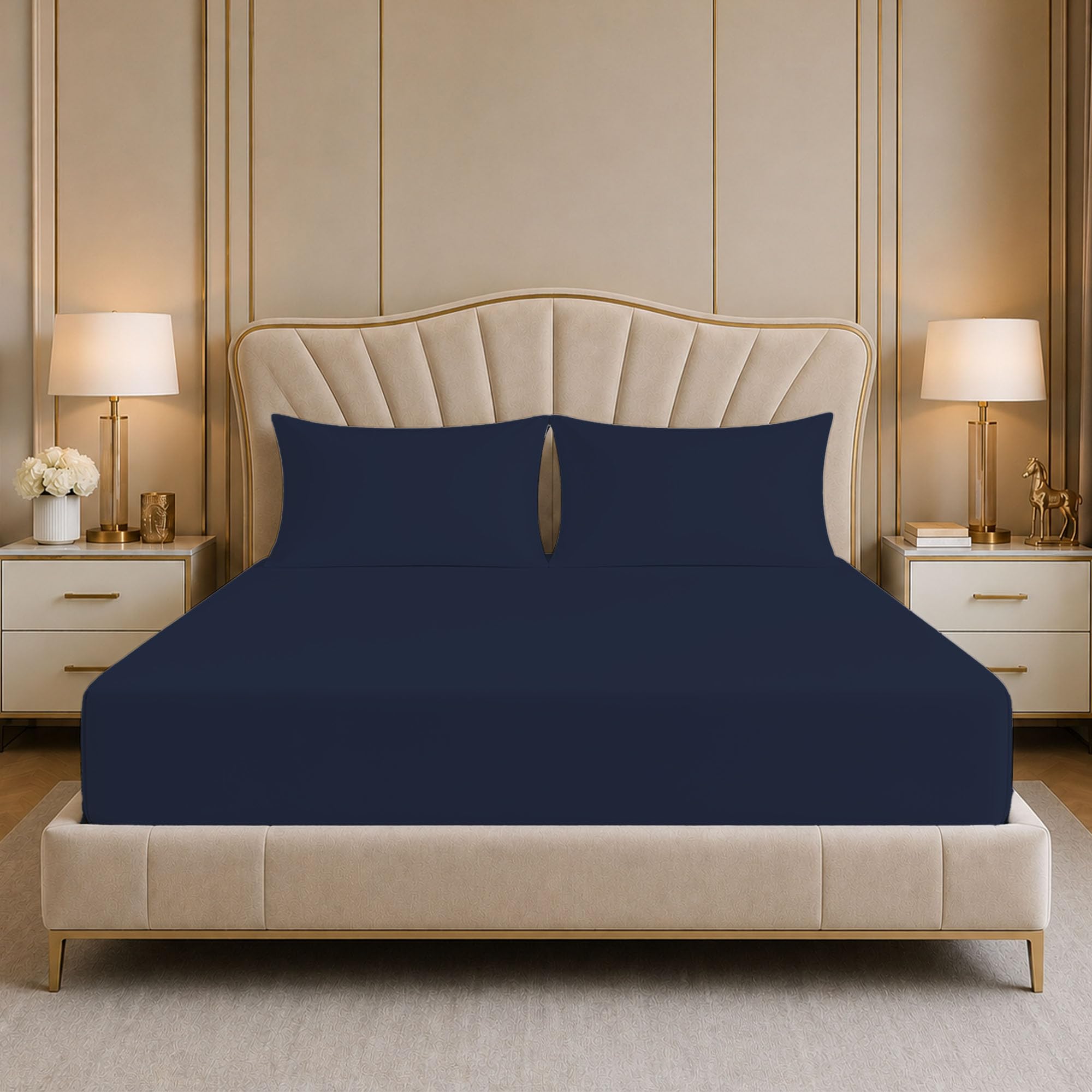 Reliancebedding 100% Egyptian Cotton 400 Thread Count 3 PCS Double Fitted Sheet Set 35cm Deep Pocket with Matching Pillowcases Soft Breathable Hotel Quality Bed Linen