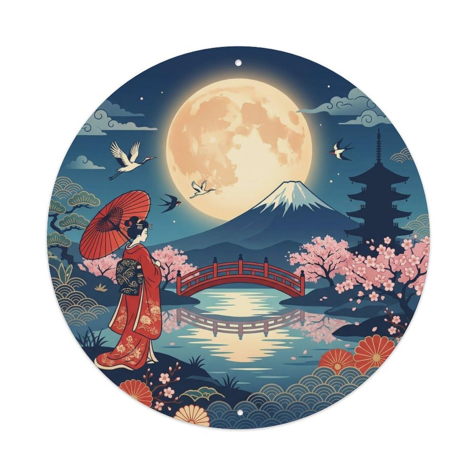 Cherry Blossom Full Moon Pagoda Scene Heritage Imagery Metal Tin Sign