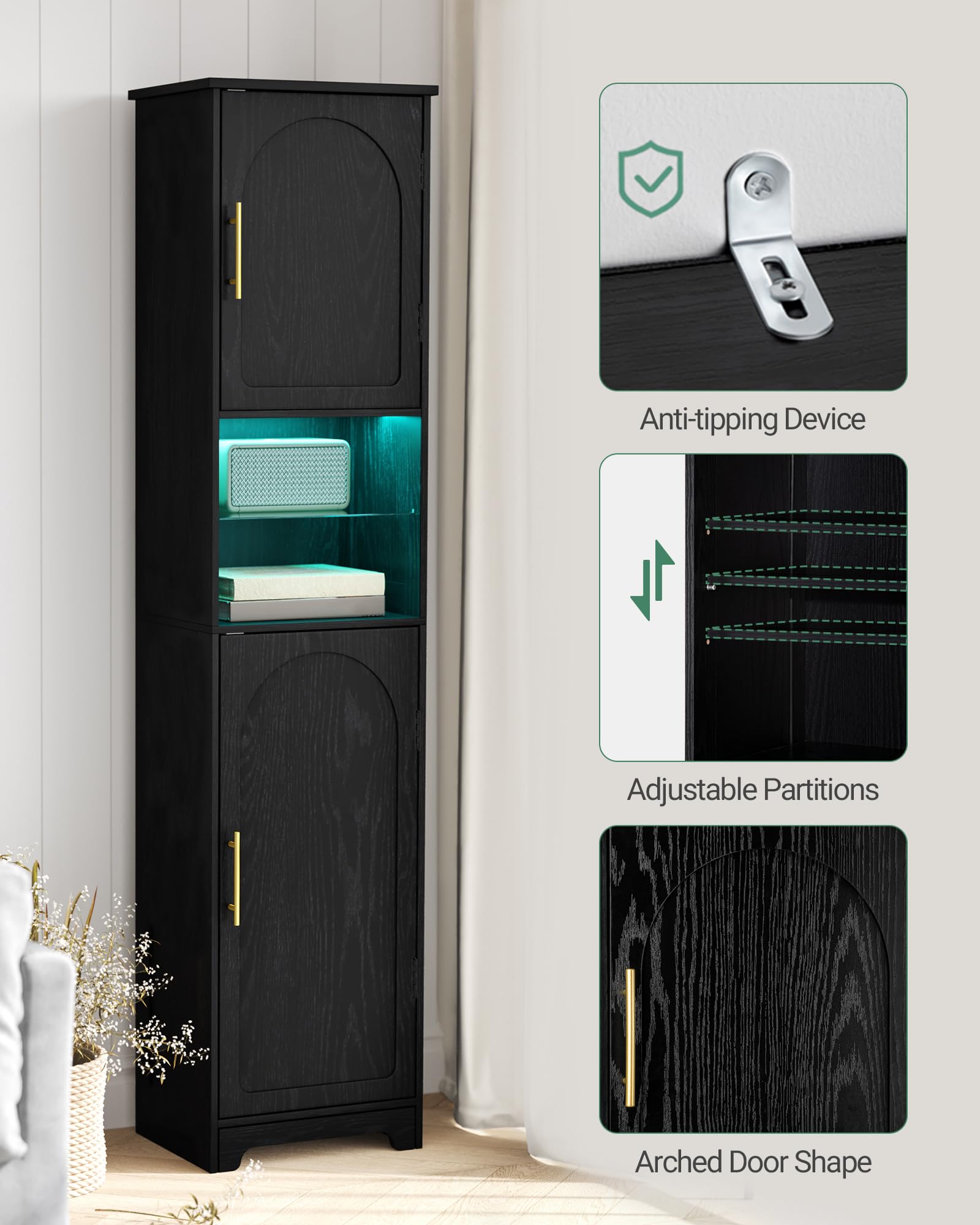 Armoire De Salle De Bain Hzuaneri - 1 Tiroir, 2 Portes, étagères Réglables - Noir - Pour Rangement Salon, Chambre, Couloir