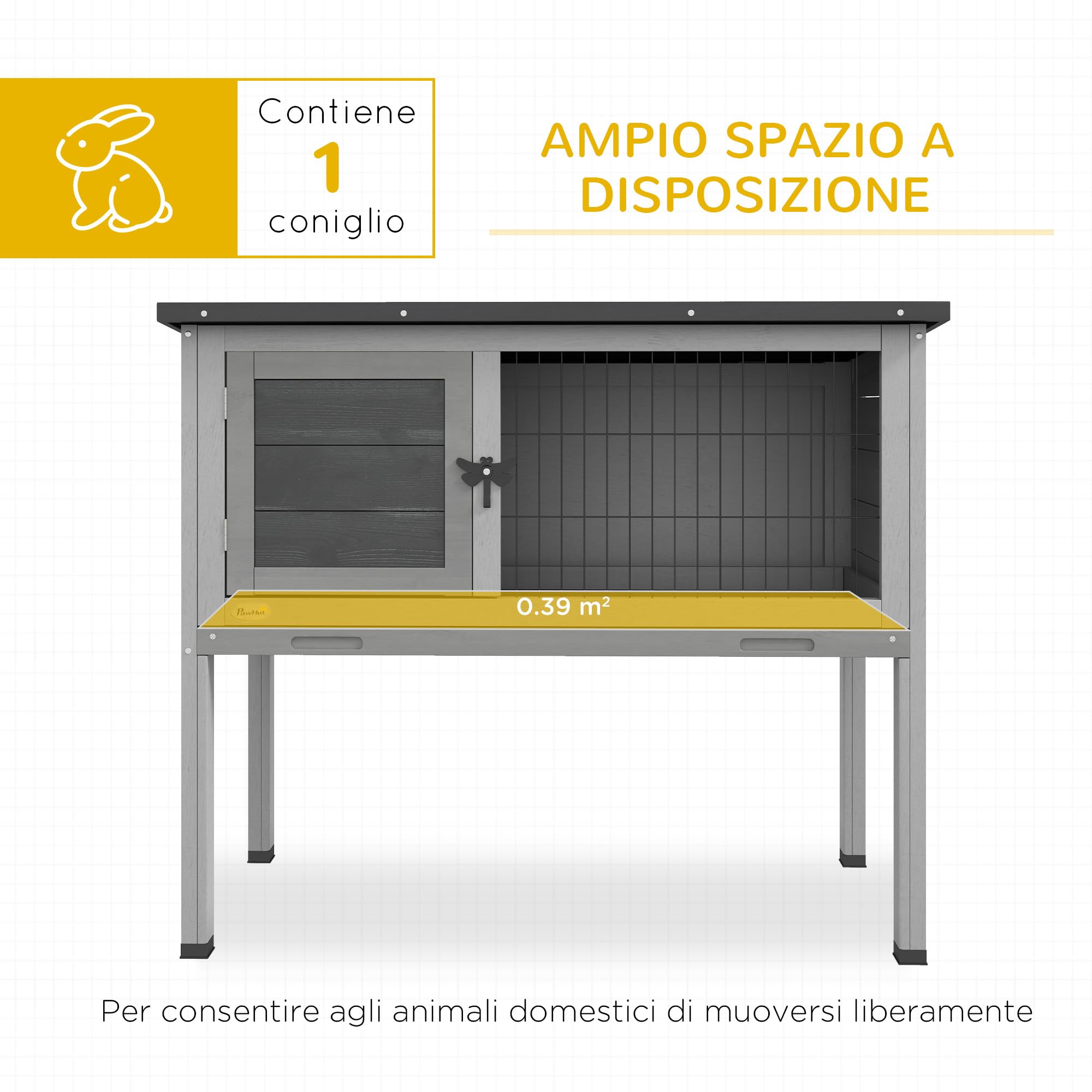 PawHut Conigliera Rialzata in Legno da Esterni con Tetto Apribile, Gabbia per Conigli con Vassoio Estraibile, 84x43x70cm