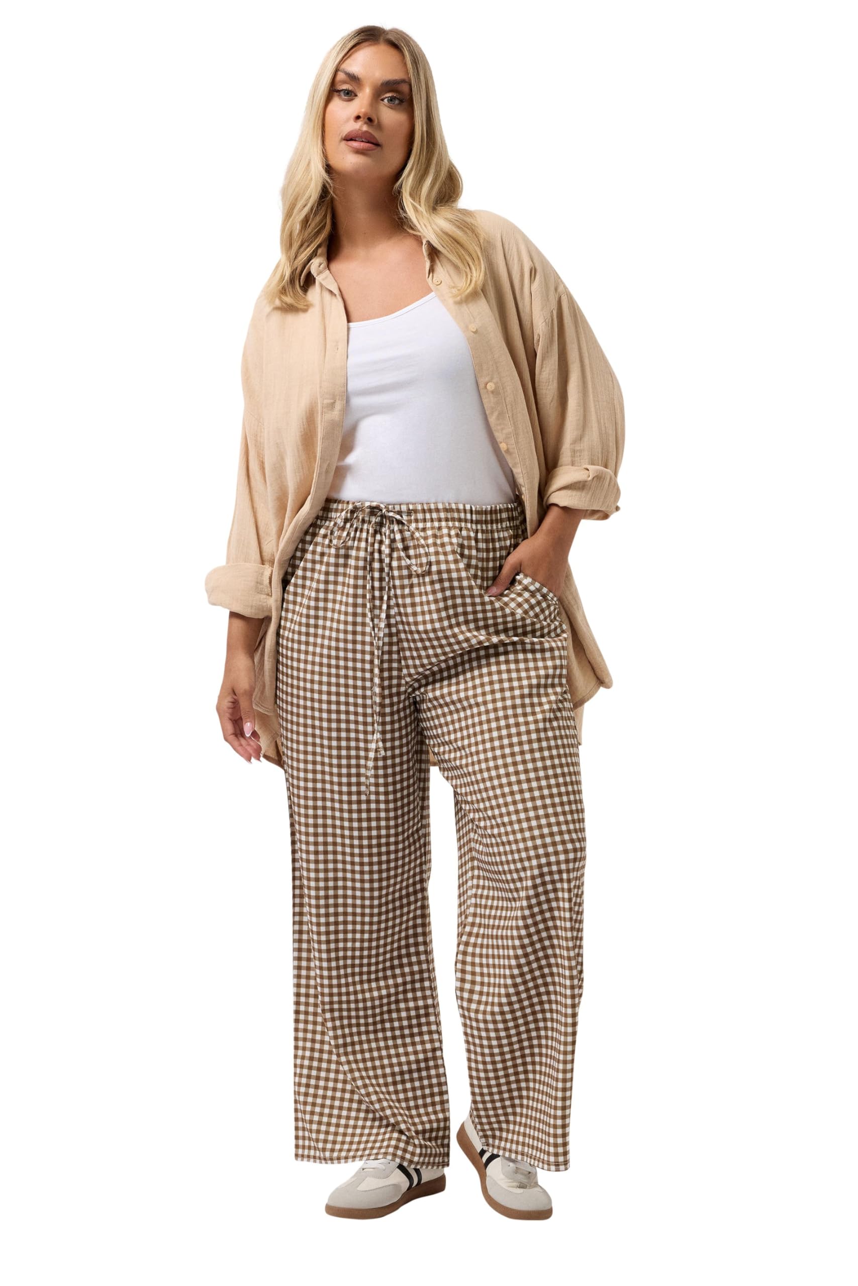 Yours Women's Brown Curve Gingham Wide Leg Trousers - Plus Size Curve