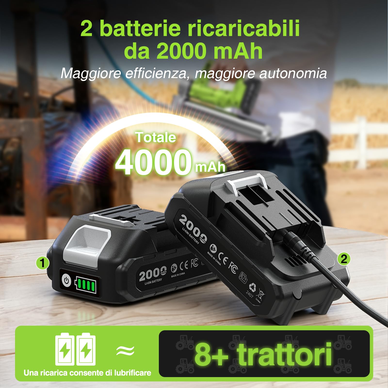 TaskStar Ingrassatore a Batteria ad alta Efficienza: Pistola per Grasso con Batterie da 2*2.0Ah, Testine a Sgancio Rapido, Pressione Massima di 10000 PSI, per Agricoltori e Proprietari di Attrezzature