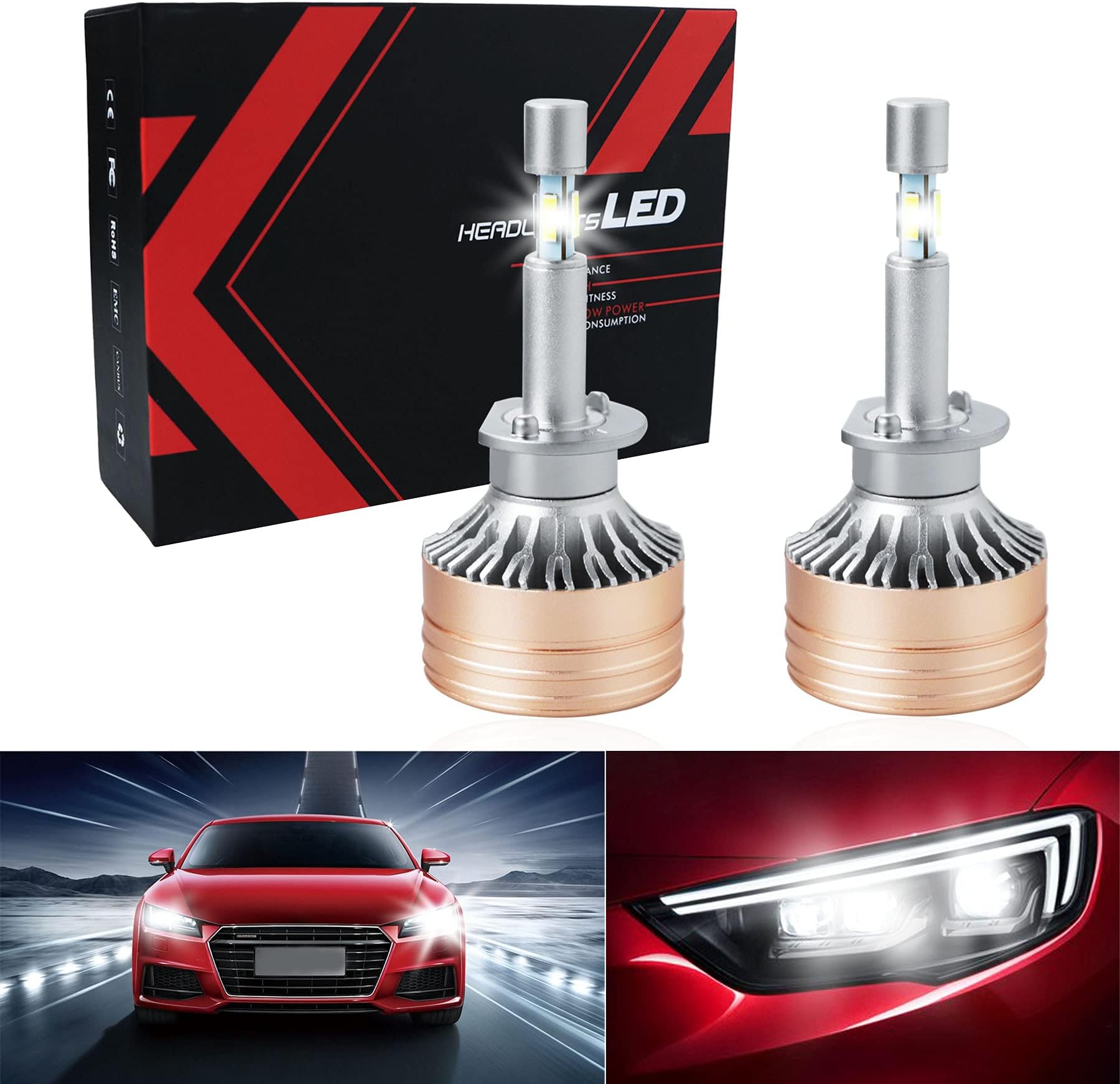 H1 LED Headlight Bulbs 4 Sides CSP Chips 360 Degree Lighting High Power 60W 12000LM Extremely Bright 6500K Cool White Conversion Kit IP68 Waterproof, Pack of 2