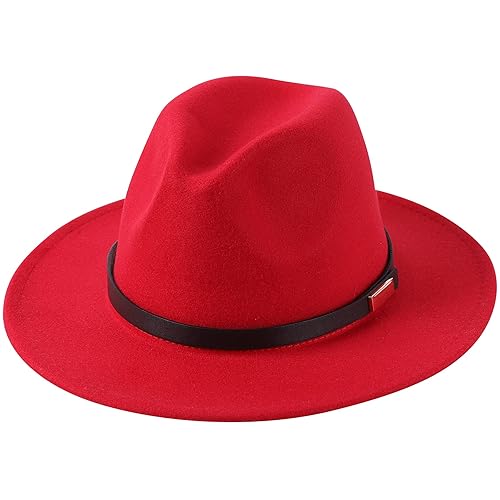 Lanzom Women Lady Retro Wide Brim Floppy Panama Hat Belt Buckle Wool Fedora Hat - One Size - Z Belt-red