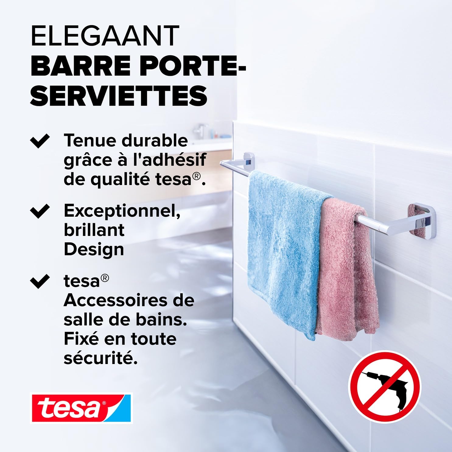 tesa® Smooz support serviette salle de bain, finition brillante métal chromé, adhésif, technologie sans percer
