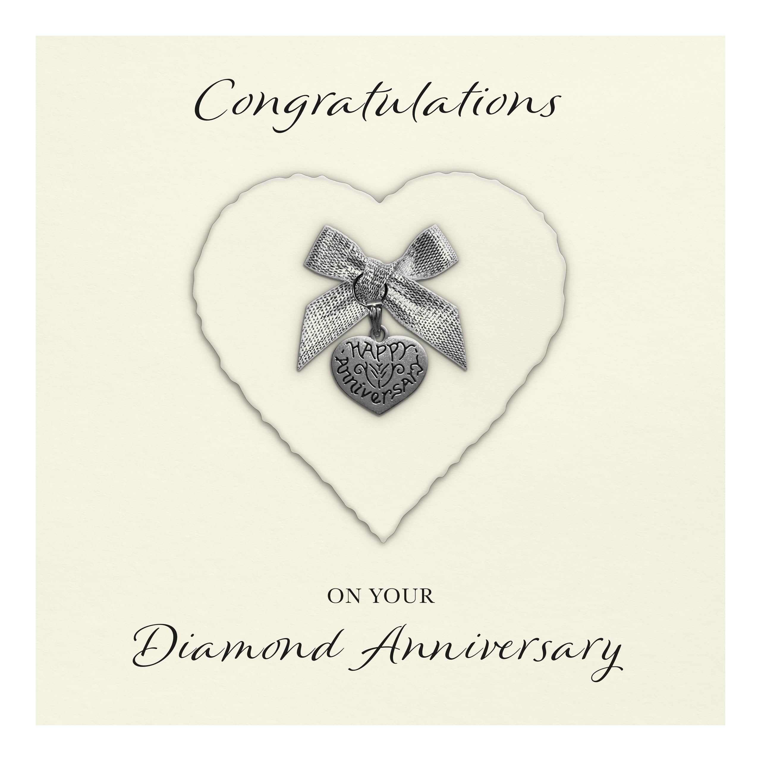 Diamond 60th Anniversary Card "Heart Charm & Bow" - Handmade UK (Ivory Heart/Diamond Bow, Ivory Cardstock)