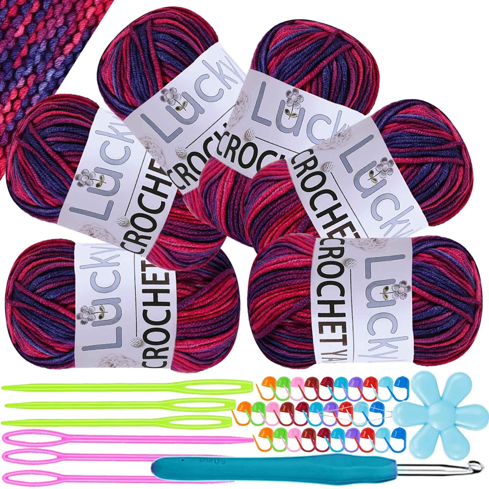 Crochet Yarn Double Knitting Wool (6X50g), Multicoloured Acrylic Yarn Crochet Wool with Aluminum Crochet Hooks Stitch Markers for DIY Craft Blankets Socks Dolls (Red Blue Flower)