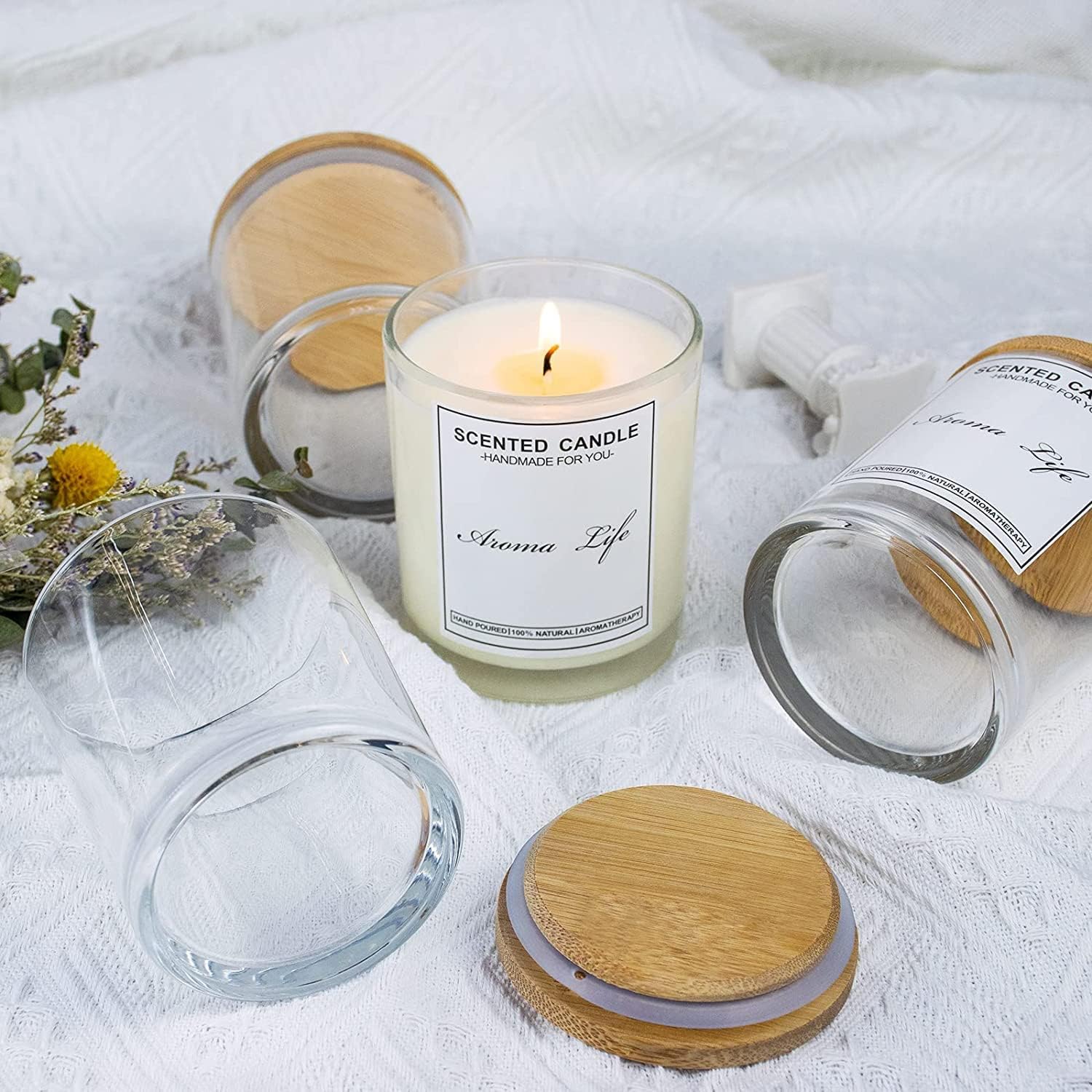 Creahaus 10oz, 16 Pack Thick Candle Jars with Bamboo Lids for Making Candles, Bulk Clear Empty Glass Candle Containers & Sticky Labels, Warming Labels Kit, Heat Resistant Candle Vessels