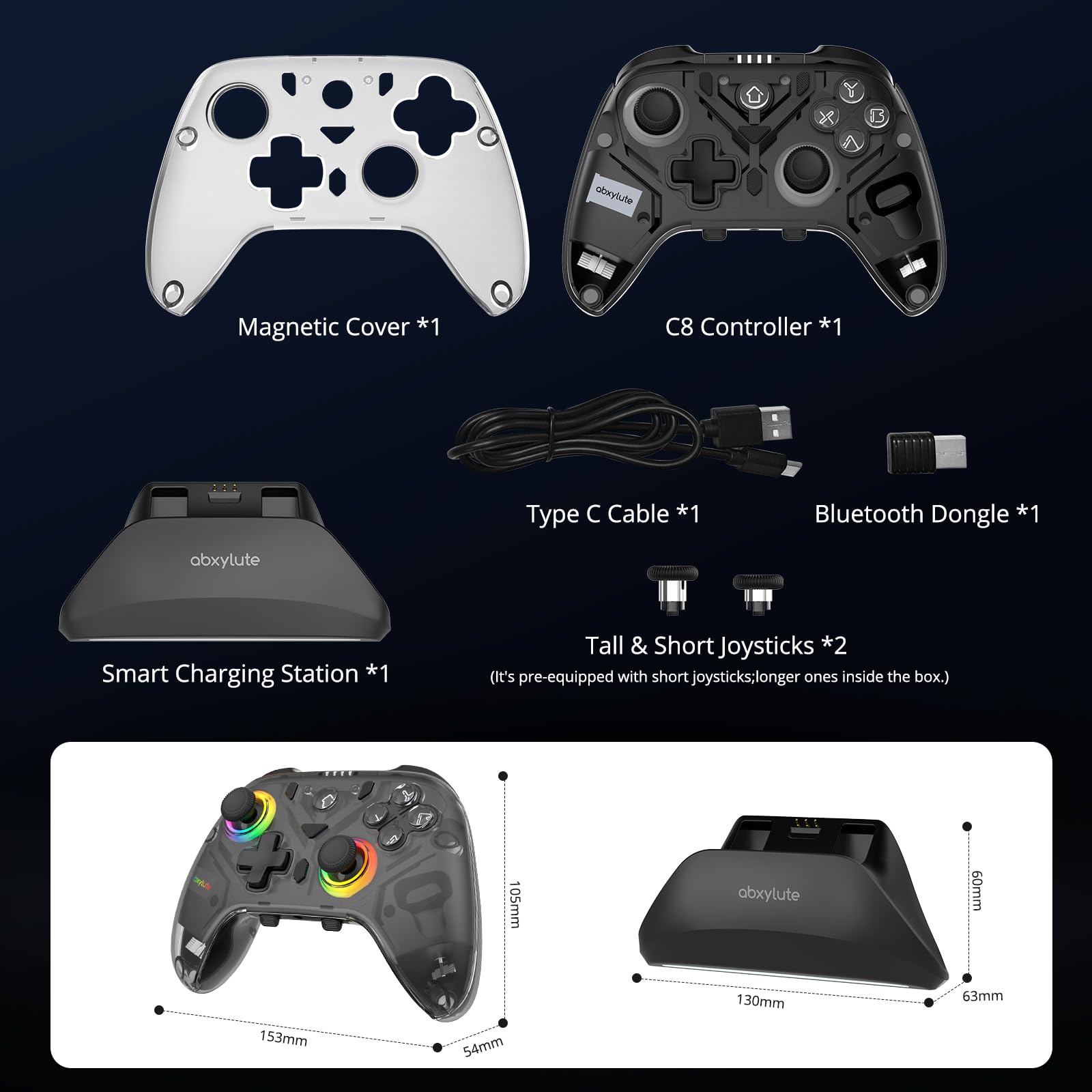 Controlador C8 para PC – Dongle Bluetooth inalámbrico – Joystick con efecto Hall e iluminación RGB – Botón macro de 1000 Hz – Doble vibración – Controlador de juegos para PC con Windows, Android, Swit