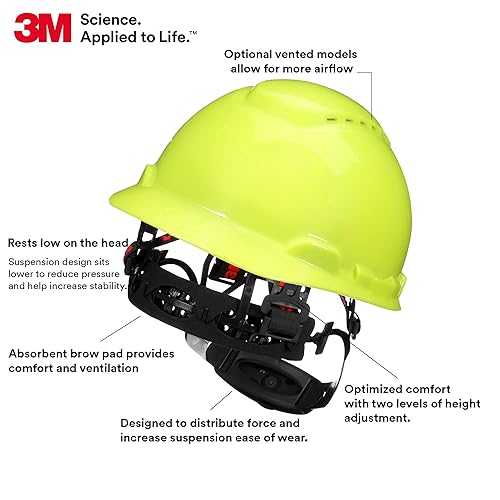 Miniatura 3 de 3M Hard Hat SecureFit H-709SFV-UV, color amarillo de alta visibilidad, estilo gorra ventilada con sensor Uvicator, suspensión de trinquete de