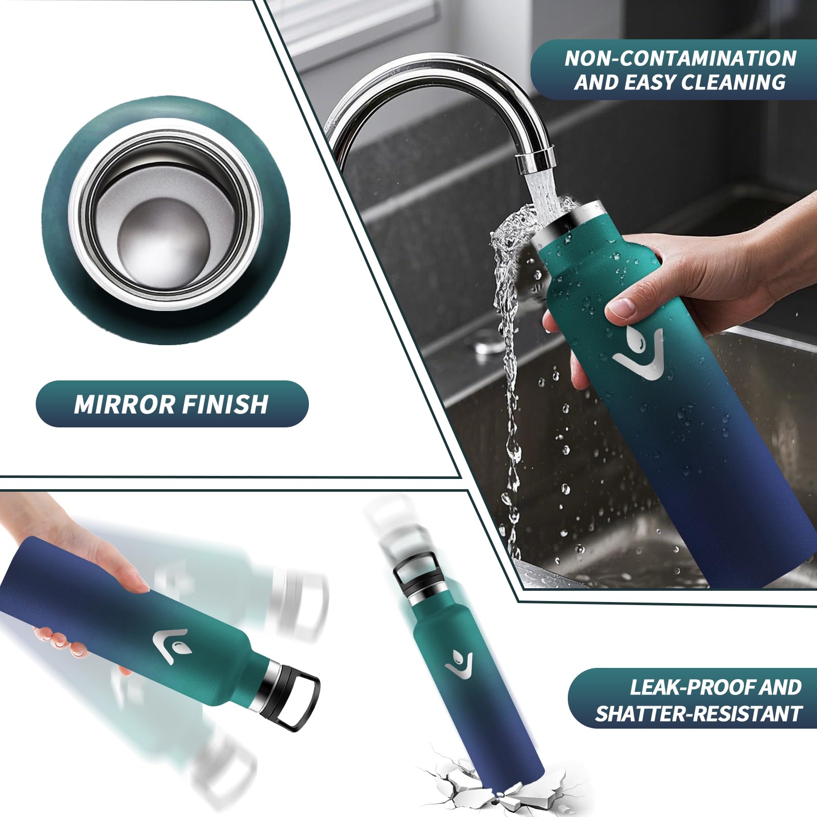 Vikastar Borraccia Termica, 0.75L Senza BPA, Thermos per Bevande Calde, Acciaio Inox, Borraccia Termica 750 ml, a Prova di Perdite, Bottiglia Termica per Sport, Palestra, Ciclismo, Verde & Blu