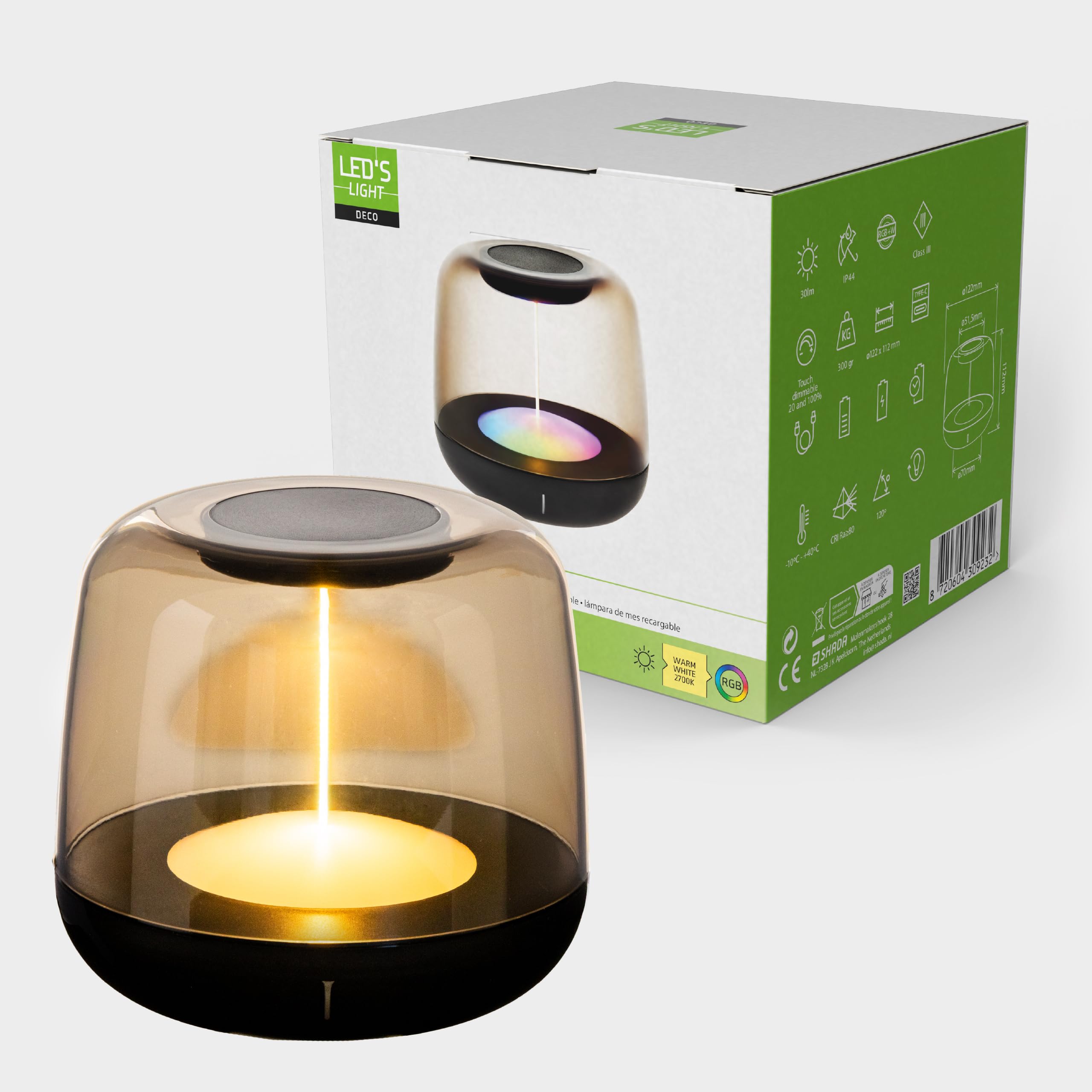 LED's light LED-Tischlampe mit Akku 2700K Warmweiß & RGB – Touch-Dimmer, USB-C, IP44, Rauchglas – Stimmungslicht für Innen & Außen