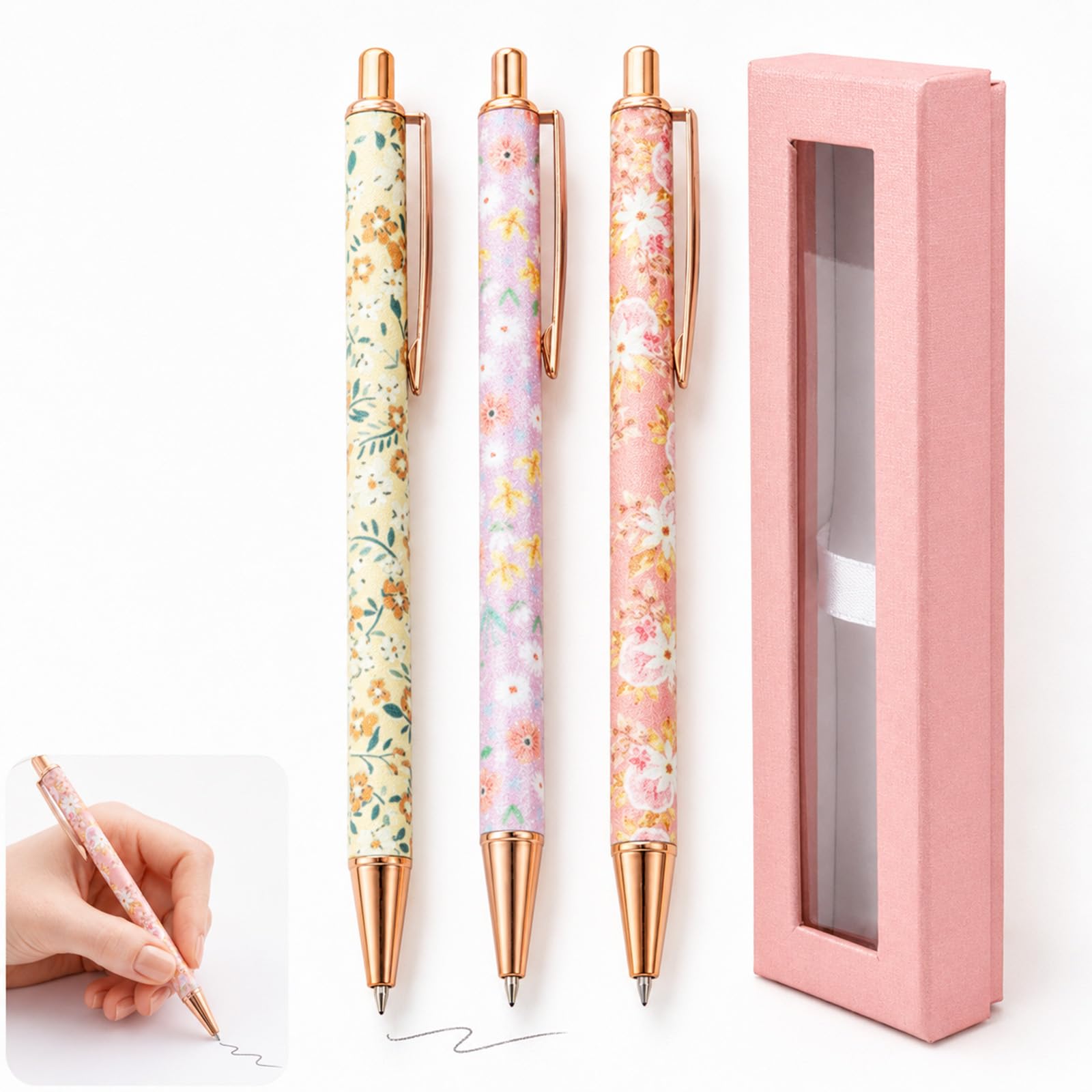 3 Pcs Floral Pen Set with Gift Box, Stationery Gifts Pretty Pens Sets (C)