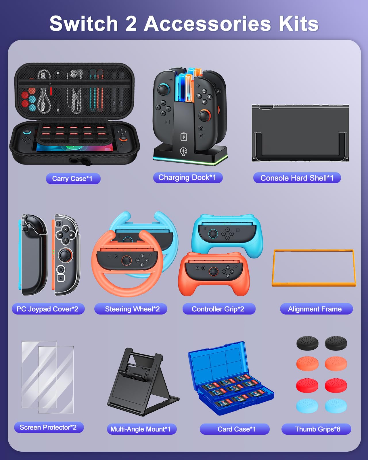 Ensemble de 23 accessoires pour Switch 2 2025, kit de rangement et de transport WAXITY avec station de recharge Switch 2, poignées, volant pour Joycon, housse de protection, protection d'écran