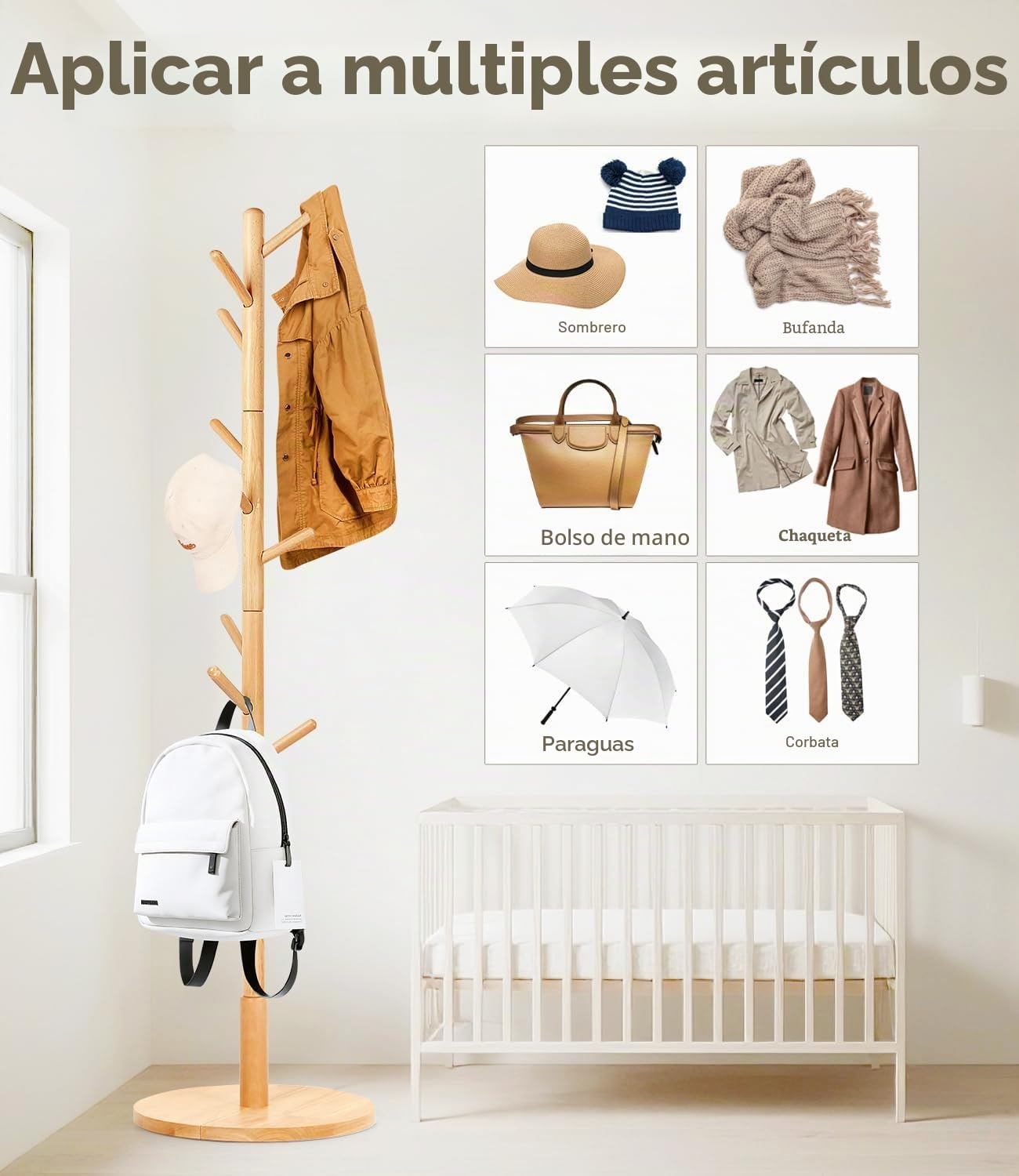 Perchero de madera de haya maciza en forma de árbol para ropa, 9 ganchos, 185 x 38 x 38 cm, para chaquetas, sombreros, bolsos, entrada, pasillo, oficina, dormitorio (natural)