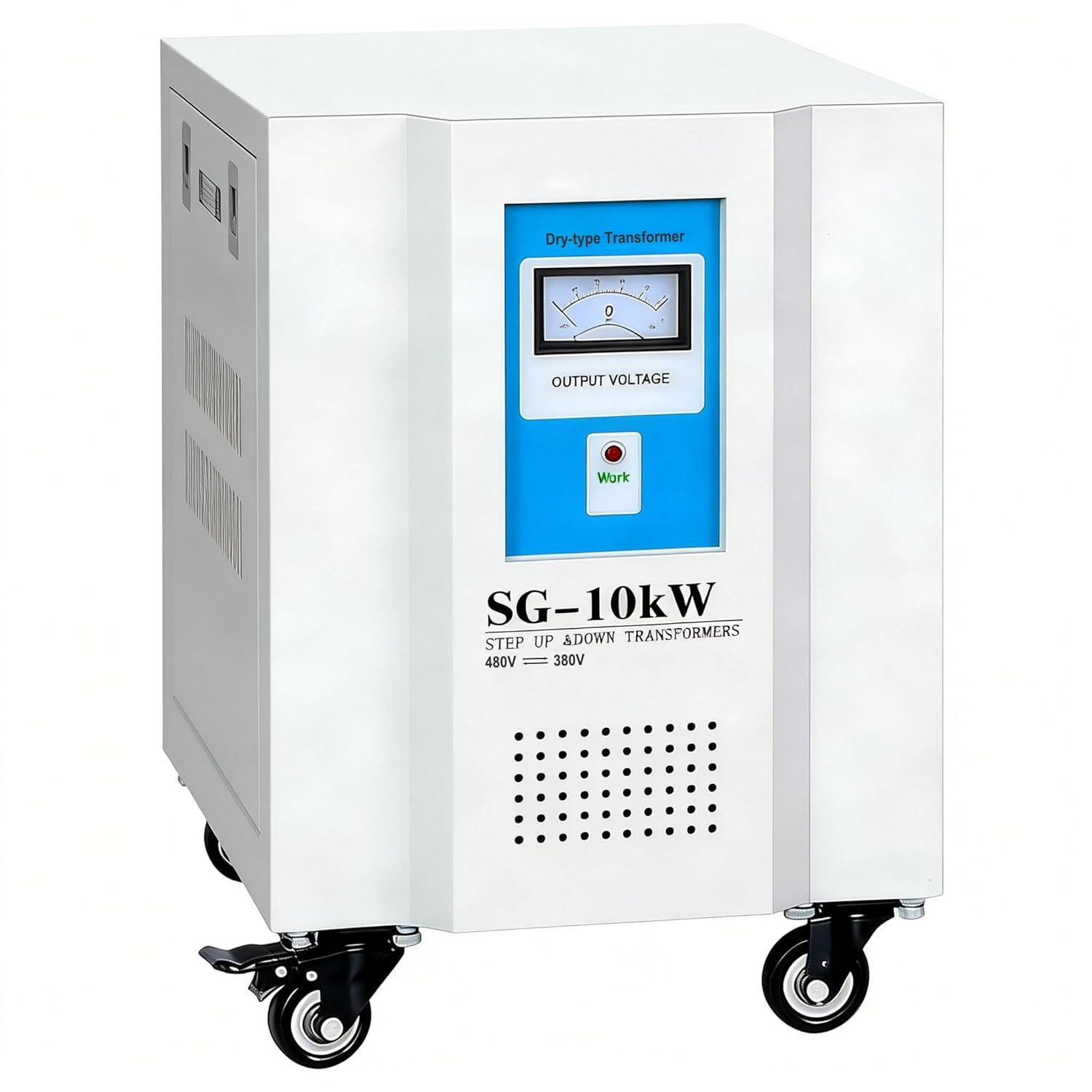 SG-10KVA 3 Phase Dry Type Isolation Transformer, 480V to 380V Step Up & Down, Copper Wire, with Output Voltage Meter and Wheels