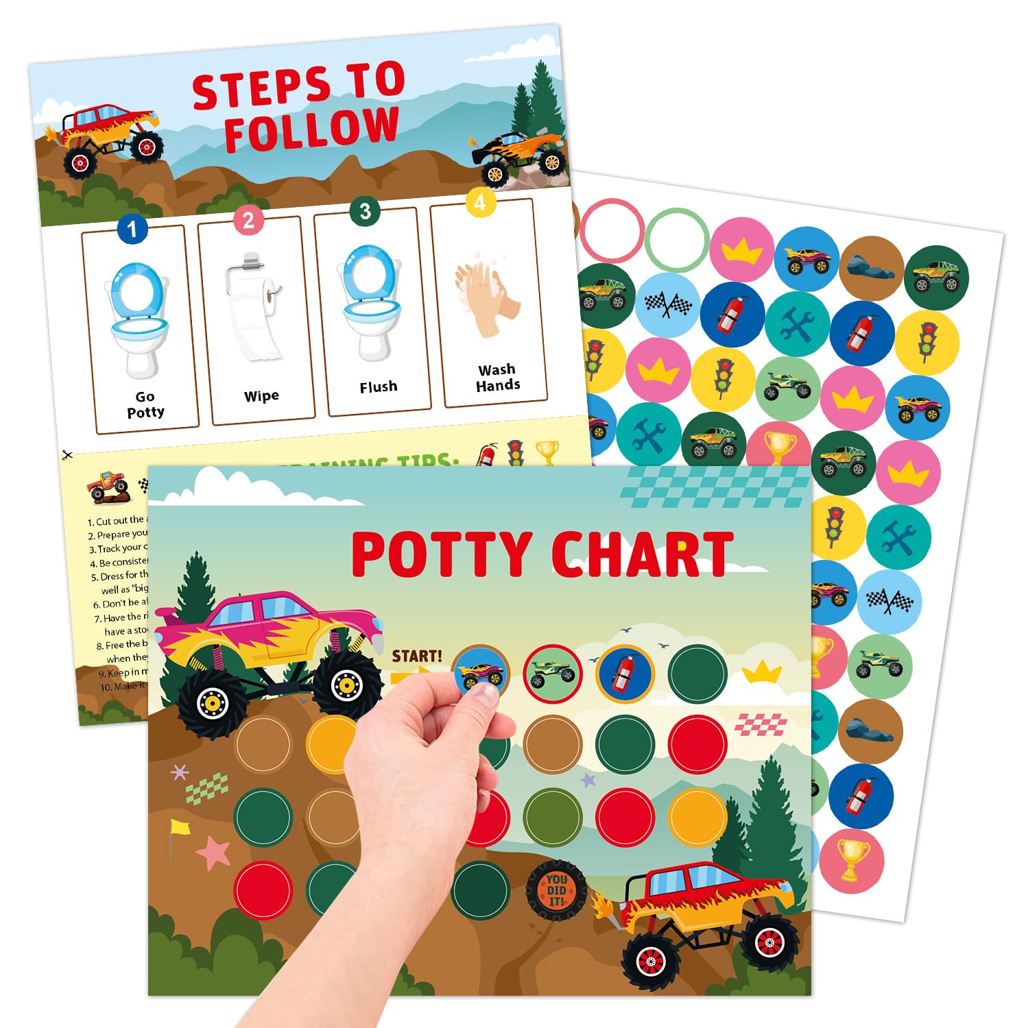 Monster Truck Potty Training Chart for Toddlers, 10 Potty Training Sticker Charts with 280 Reward Stickers, Potty Reward Chart Sticker Chart for Kids, Potty Toilet Training Aid for Boys, Girls
