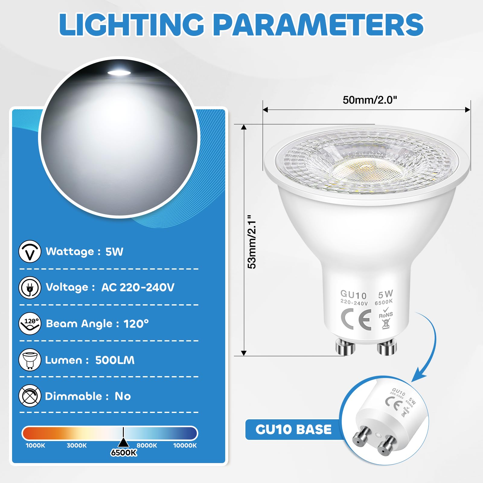 GU10 LED 5W Spotlight Bulbs, Cool White 6500K, Energy Saving LED Bulb, Equivalent 50W Halogen Spot Bulbs, 500LM - Image 2