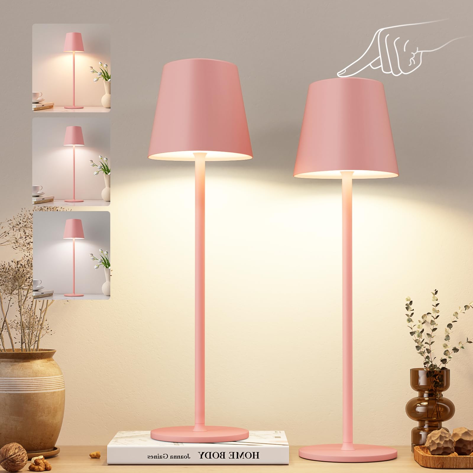 Kakanuo Pink Cordless Table Lamps, Rechargeable Lamp, Battery Operated Lamps, Touch Control Table Lamps, 3 Color Temperature, Stepless Dimmable, LED Portable Wireless Battery Lamp, Set of 2