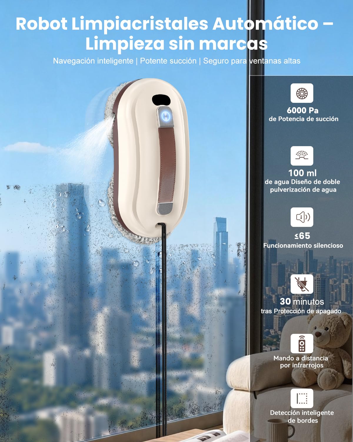 Robofun Robot limpiacristales, Limpia Cristales Eléctrico Ventanas 6000Pa | Doble Sistema de Pulverización, Depósito 100ml, Múltiples Sistemas de Seguridad para Limpieza Automática De Ventanas