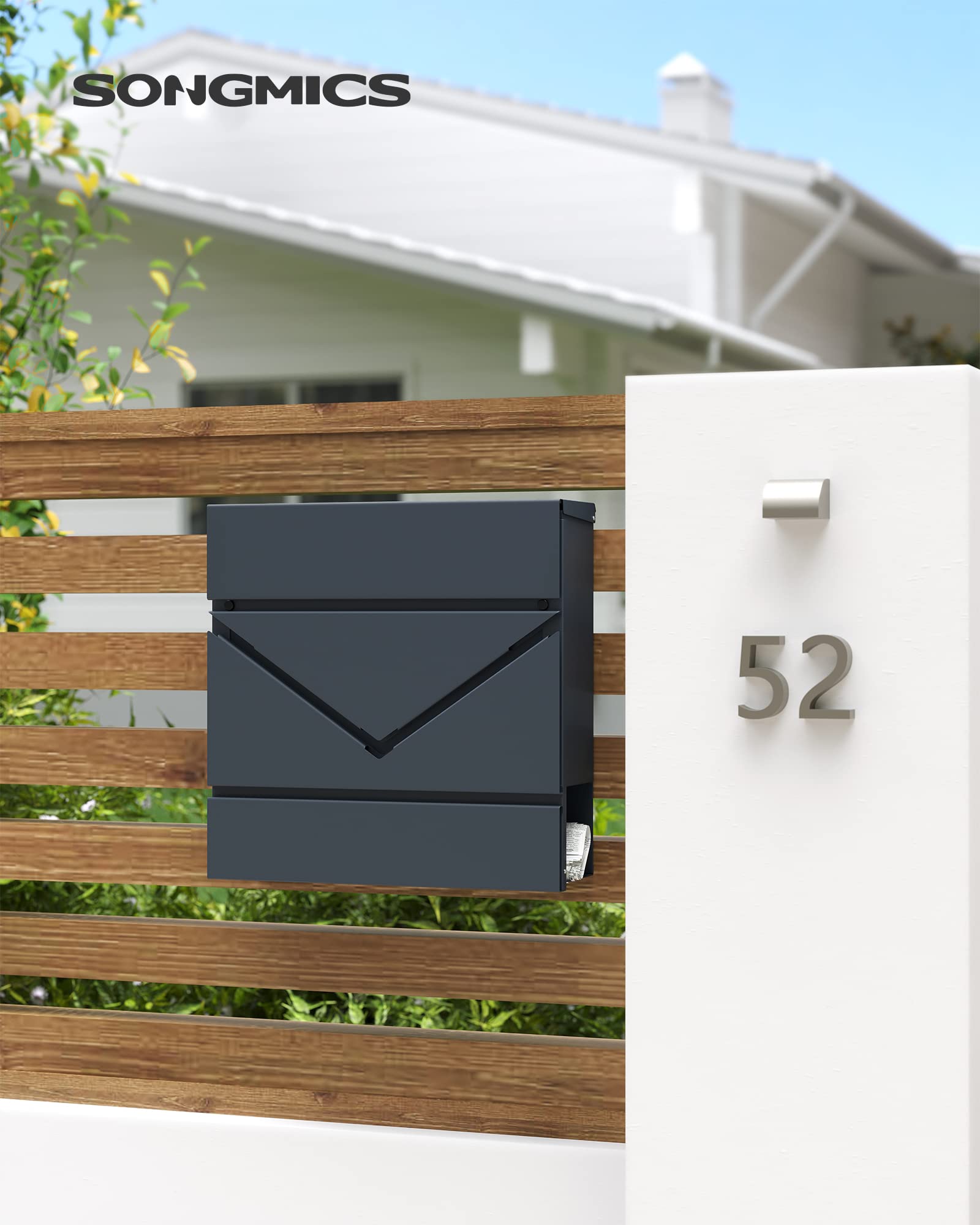 SONGMICS Buzón Correo, Ventanas de Visualización en Forma de V, Buzón Correo Montado en Pared, con Cerradura y Tapa, Portapapeles, Fácil de Instalar, Gris Antracita GMB054G01