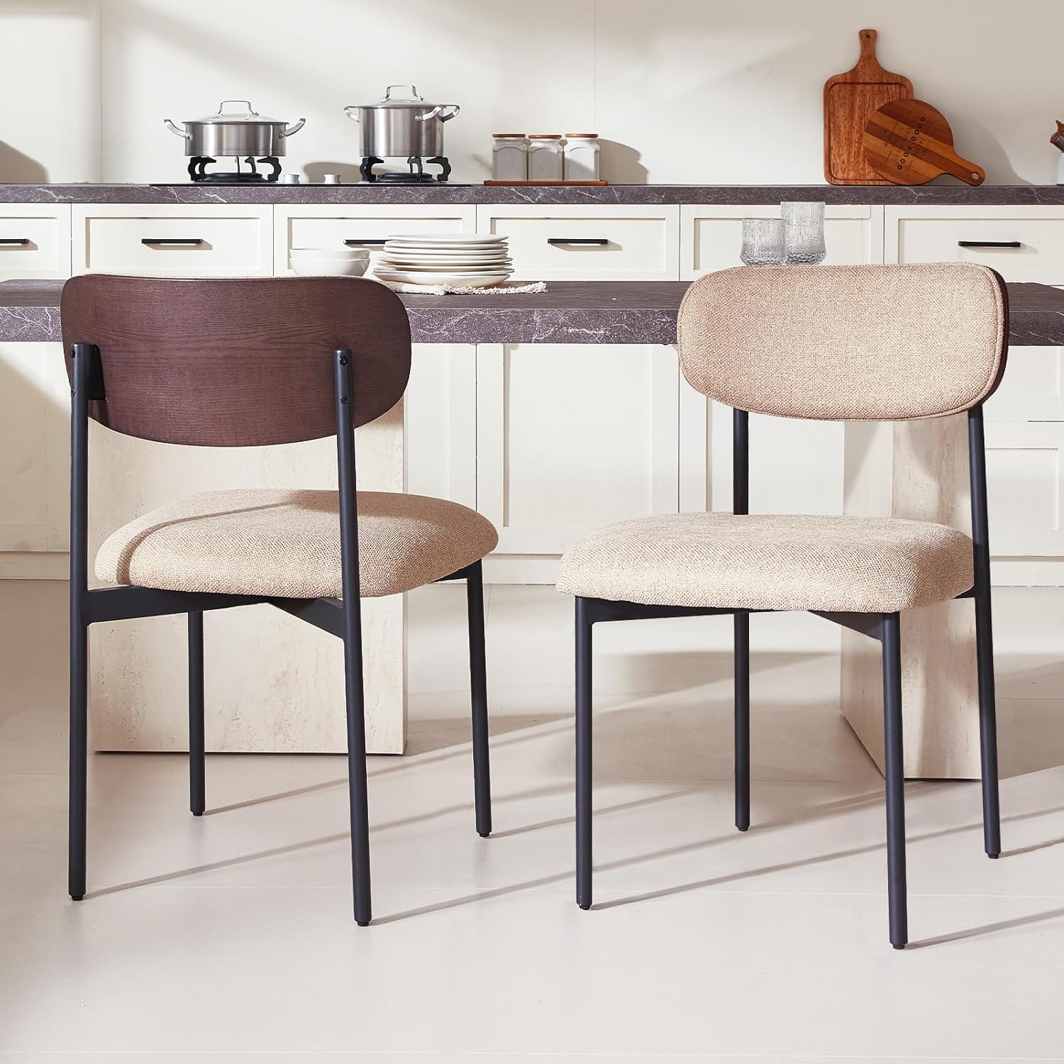 GrandNoor Fabric Dining Chairs Set of 4, Armless Upholstered Kitchen Chairs with Wood Grain Back, Modern Dining Room Chairs with Ergonomic Curved Backrest & Metal Legs