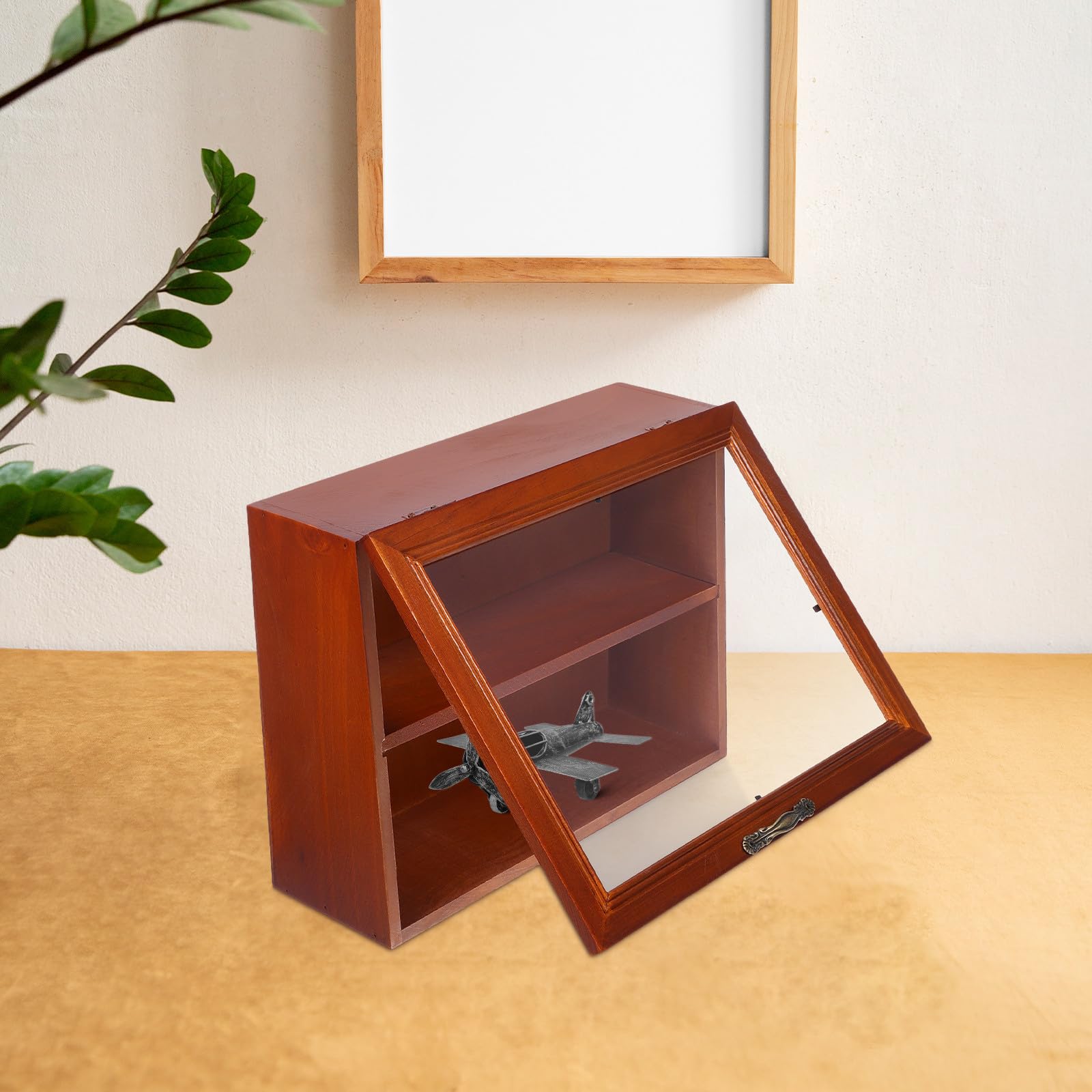 Expositor de Colecciones en Madera Maciza Acabado Envejecido, Vitrina Pequeña para Escritorio Puerta de Acrílico Adecuado para Almacenamiento y Organización de Objetos