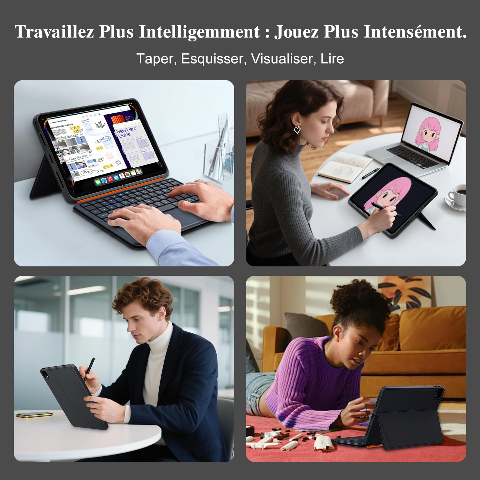 Housse Clavier pour iPad Air 13 Pouces (M4/M3/M2, 2026/2025/2024), Pro 12,9" 6e/5e/4e/3e Gén, Clavier Bluetooth Magnétique Détachable, Trackpad, Rétroéclairées, Support Ajustable (Noir)