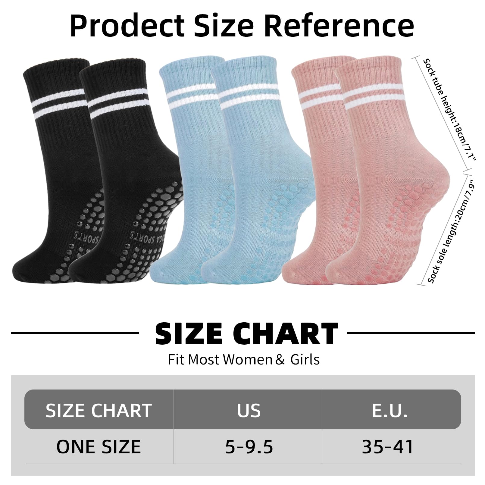 Qincycle Pilates Sock with Grips for Women, 6 Pairs Non Slip Yoga Socks, Athletic Crew Socks Ballet Barre Dance Workout Sock (Black/Blue/Pink)