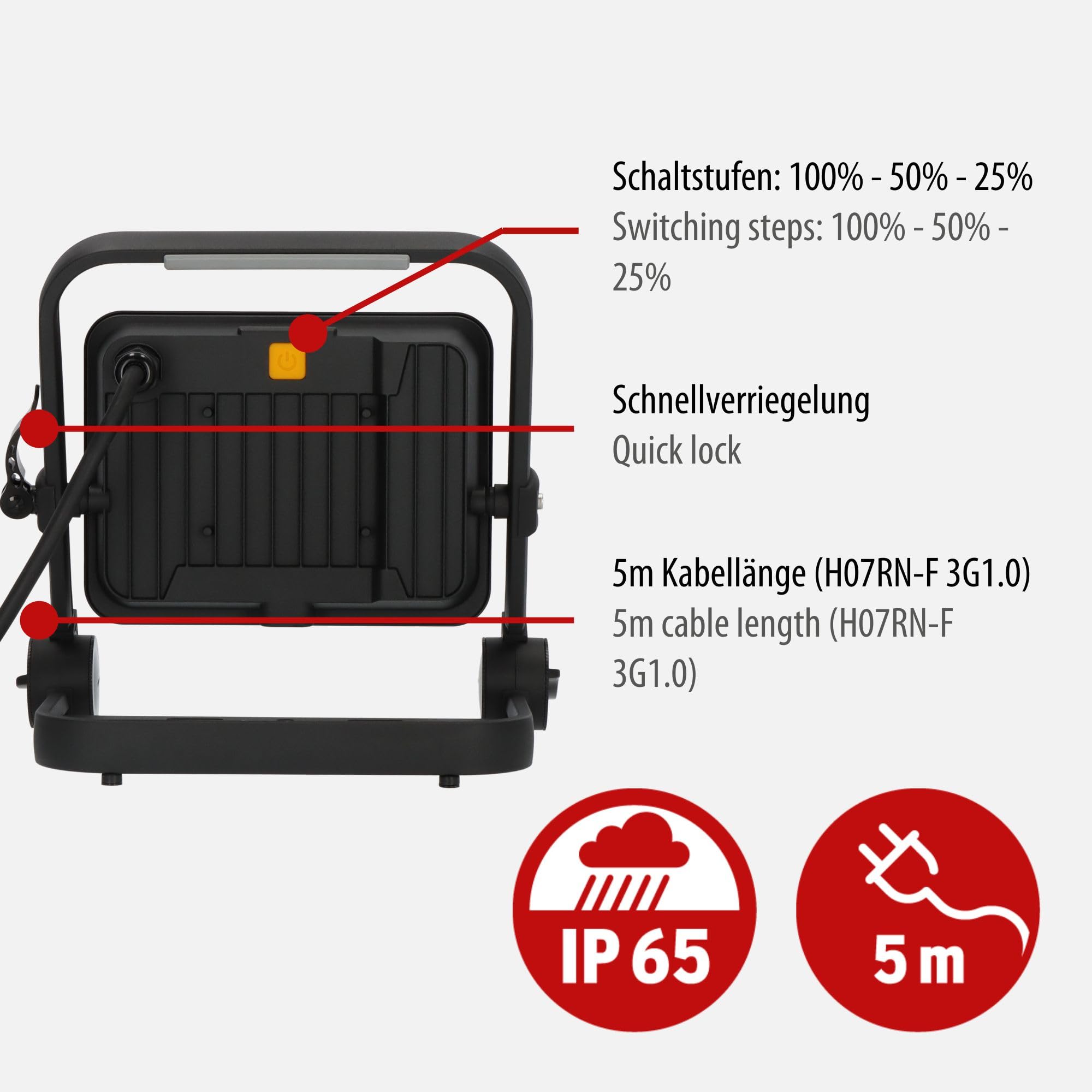 Brennenstuhl Mobilny reflektor LED JARO 7060 M Work Light 50W do użytku zewnętrznego (Reflektor outdoor z kablem 5m, LED 5800lm wykonany z aluminium, ściemnialy, IP65)