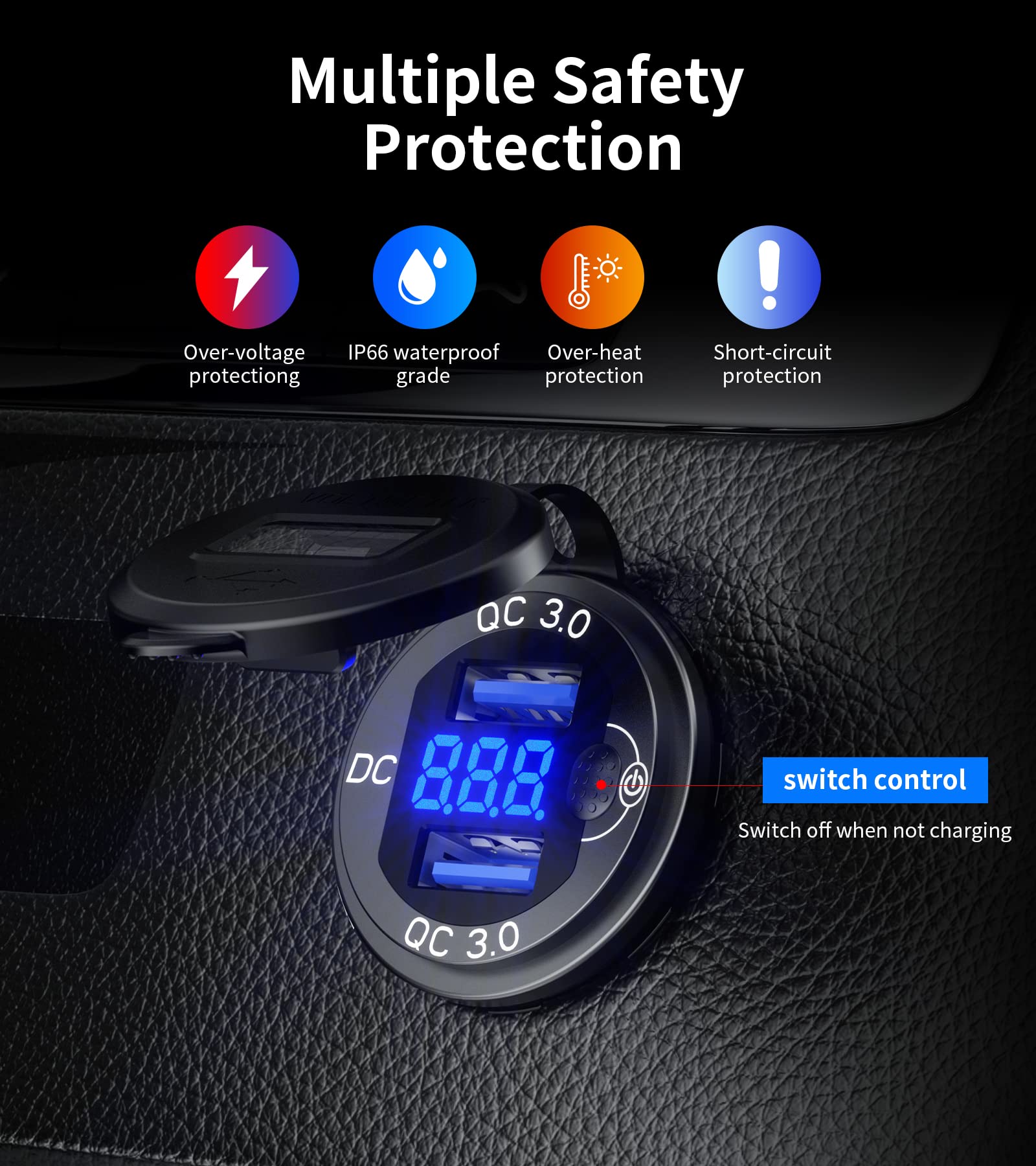 [2-Pack] Fast Dual USB Car Charger – QC3.0 Quick Charge 36W With Touch Switch & Blue LED – Black