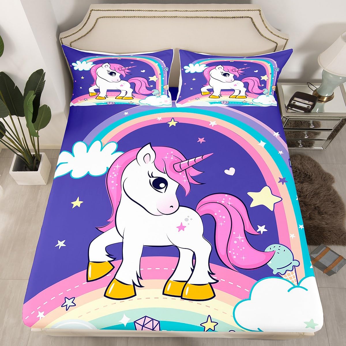 Juego de sábanas de unicornio para niñas, lindo juego de sábanas de unicornio arcoíris, sábanas kawaii de dibujos animados con bolsillo profundo, sábana bajera de galaxia, estrellas, decoración de fa