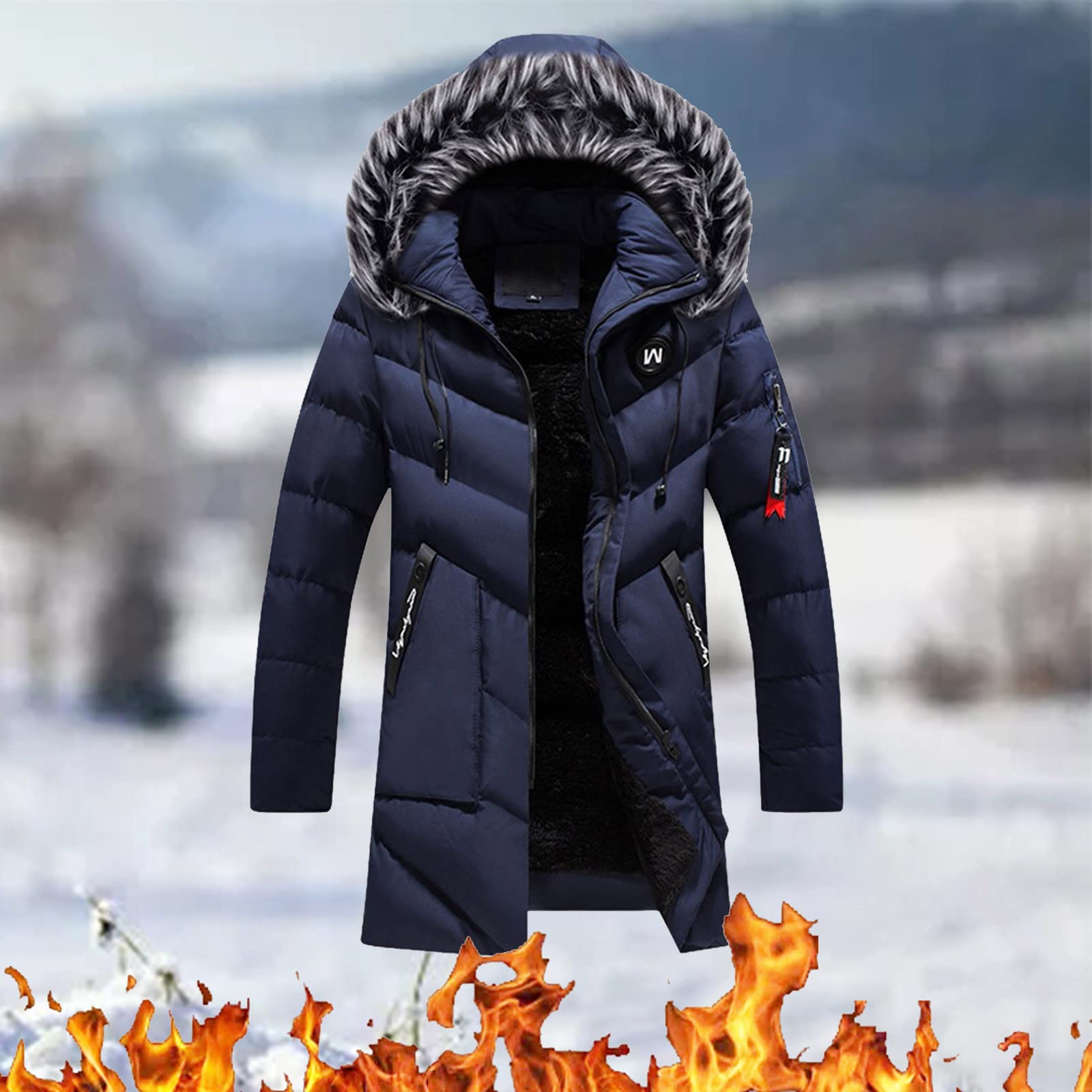 Doudoune Homme à Capuche Amovible Avec Fourrure Hiver Chaud Veste Ave Zippé MatelasséE Couleur Unie Slim Coupe-Vent Pardessus Manteau Longue à La Mode VêTements En Coton