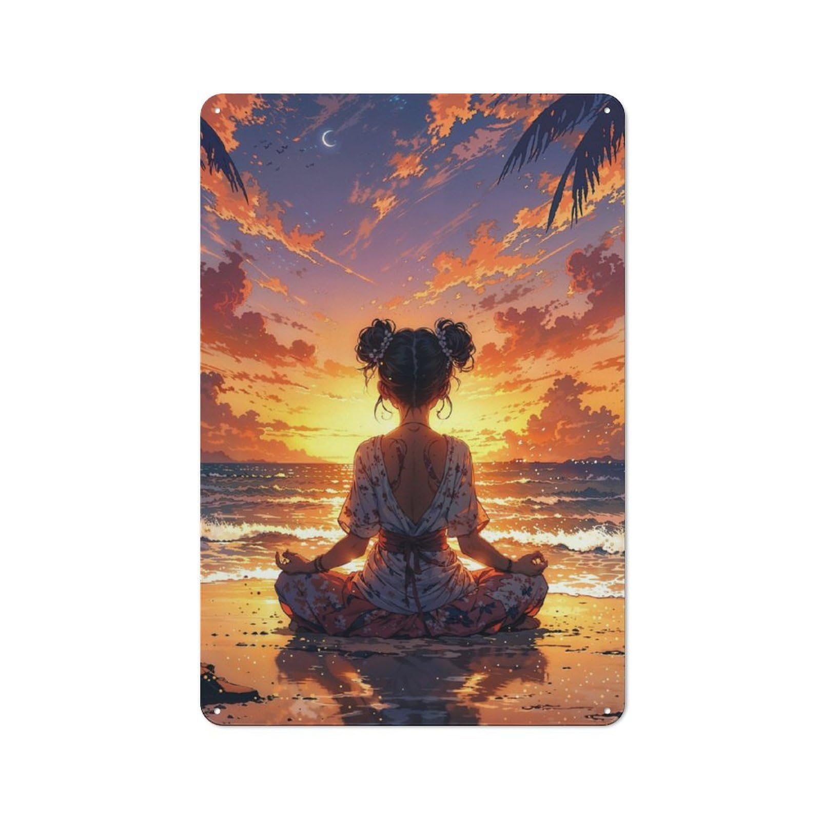 Decorative Metal Plaque with Meditates at Sunset Design 30x20cm, Modern Retro Studio Wall Art for Workspace, Cafe, Hallway Or Garage