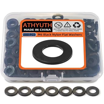 M6 Black Nylon Washers, 6mm ID, 12mm OD, 1.2mm Thickness, Plastic Flat Round Washers, 200 Pieces Nylon Washer Hardware Set