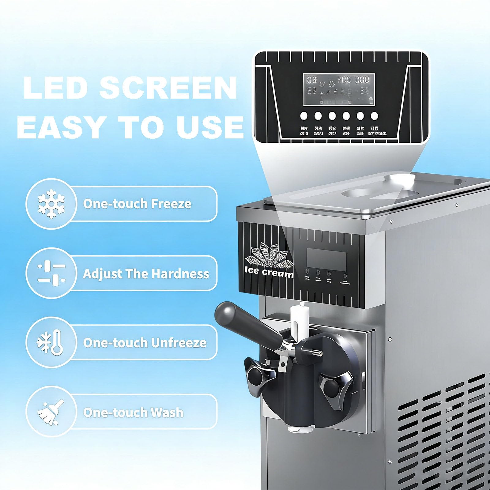 Machine à Glace Professionnelle, 4-5 kg/h, Machine à Glace à l'italienne avec trémie de 2 L et cylindres de 1 L, autonettoyage, écran Tactile LCD pour Snacks, Restaurants et Bars.