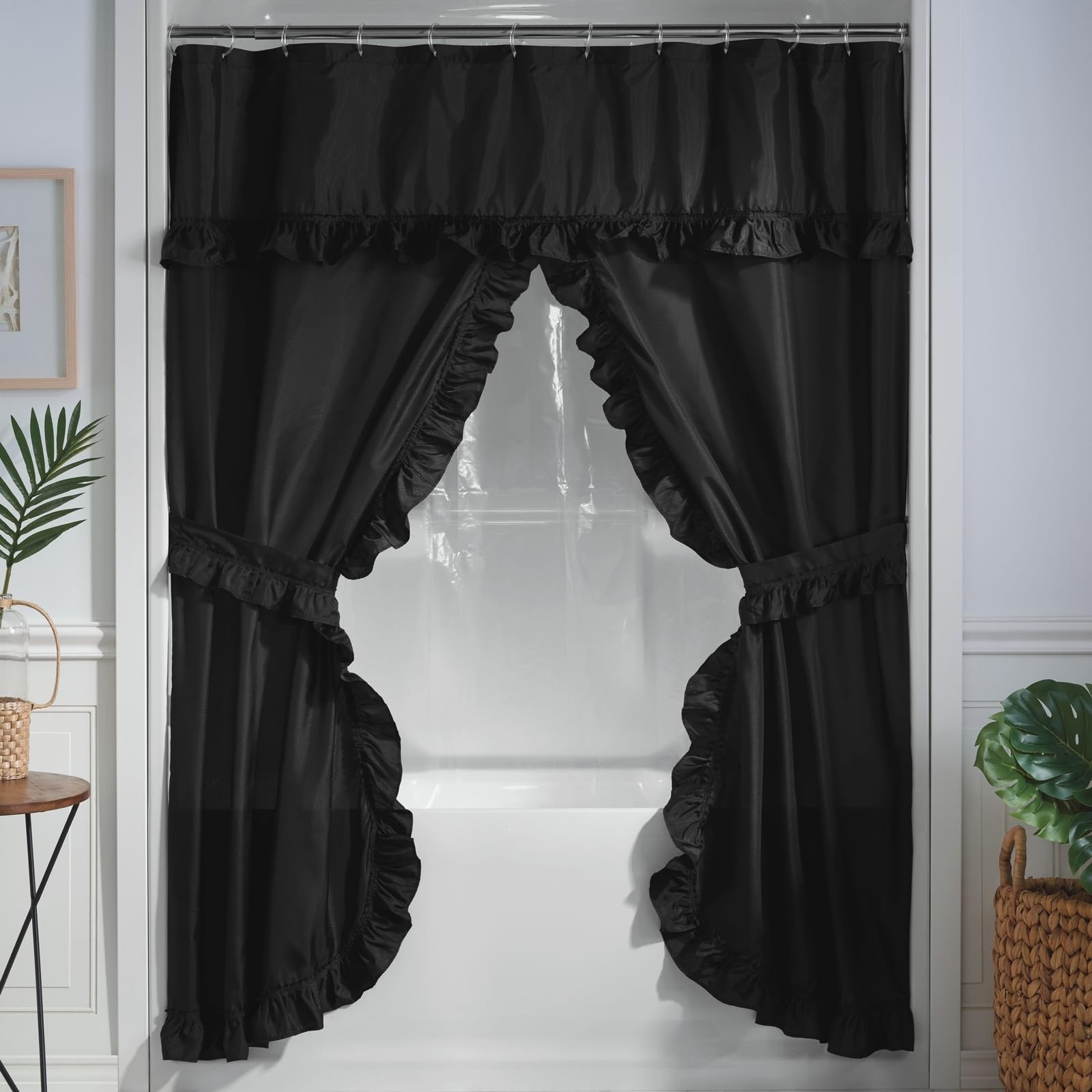 Stoneberry Home Ruffled Shower Curtain Set, Elegant 4-Piece Bathroom Ensemble with Attached Valance, Curtain Liner, Hooks, & Tiebacks, Black
