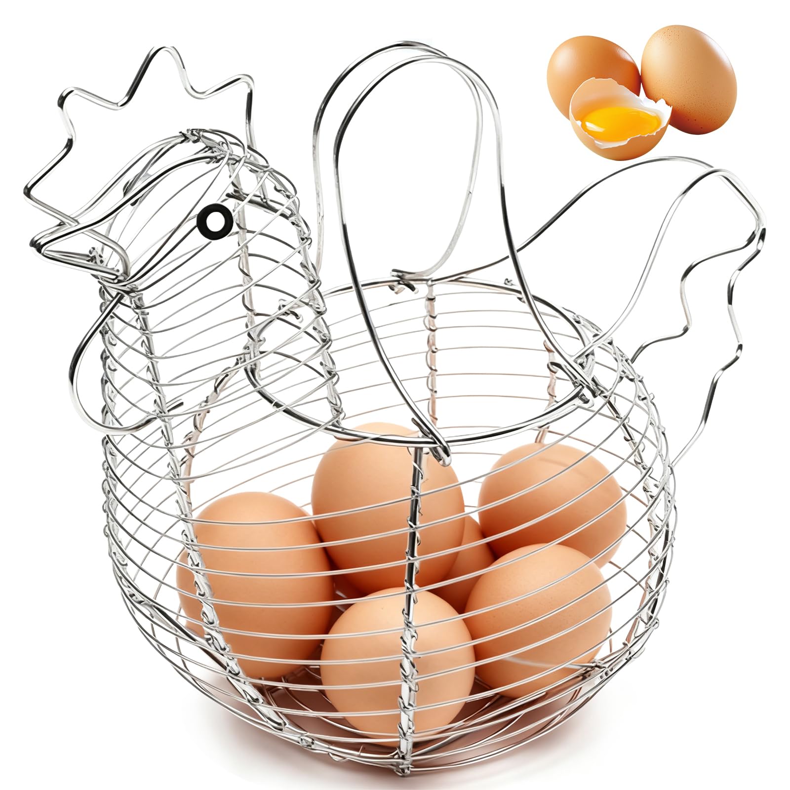 MEETOZ Chicken Egg Basket Holder Metal Wire Hen Shaped Kitchen Storage Rack, Egg Basket with Handle, Holds 15-20 Eggs, for Kitchen Living Room Home Décor Decoration Storage