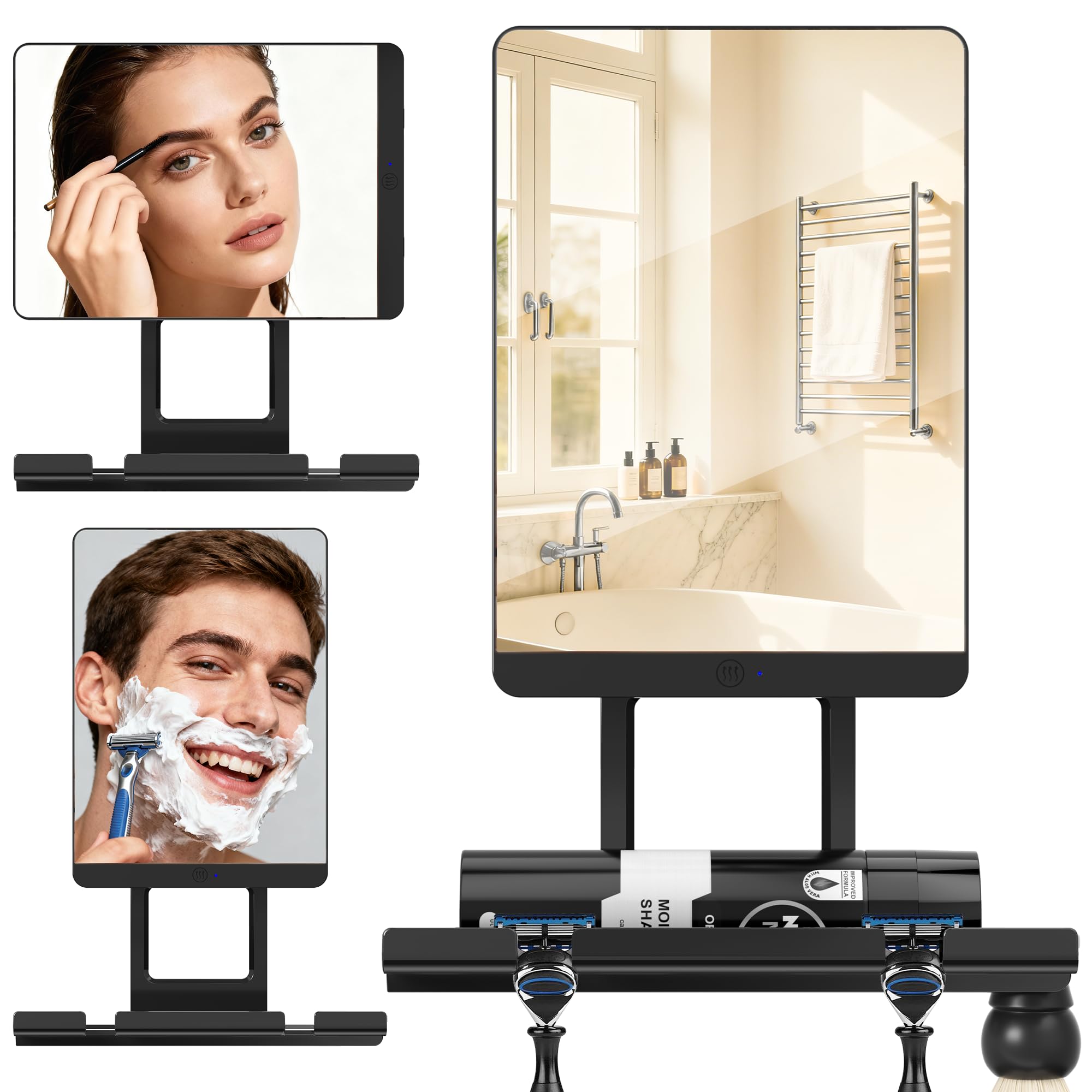 Toollygozz Heated Fogless Shower Mirror for Shaving, 5000mAh Long-Lasting Anti-Fog Shower Mirror with 360° Rotating Design & Razor Holder, Fog-Free Shaving Mirror for Men (Black)