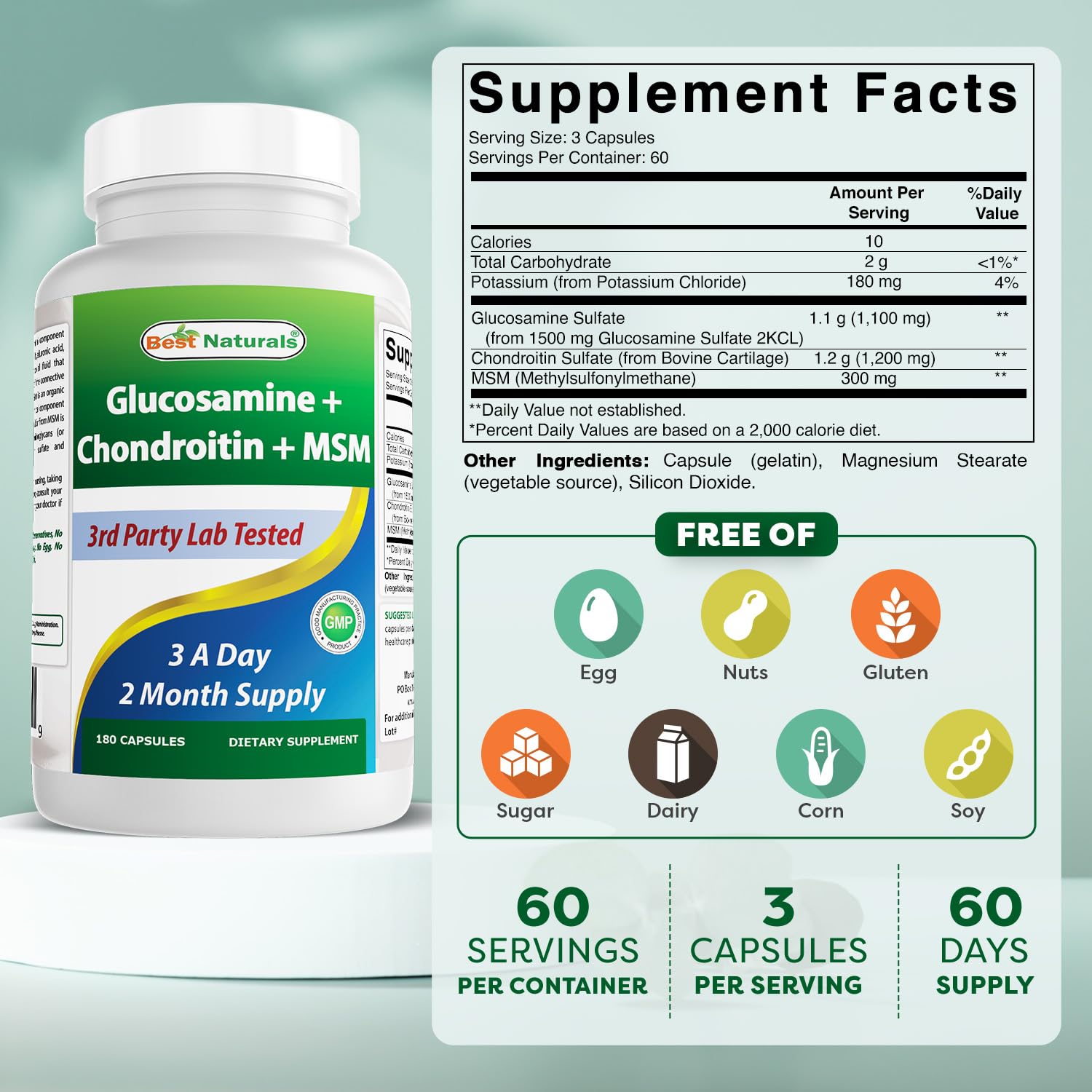 Best Naturals, Glucosamine Chondroitin and MSM Joint Supplements, 2600 mg per Serving, 180 Capsules — Amazon image 2