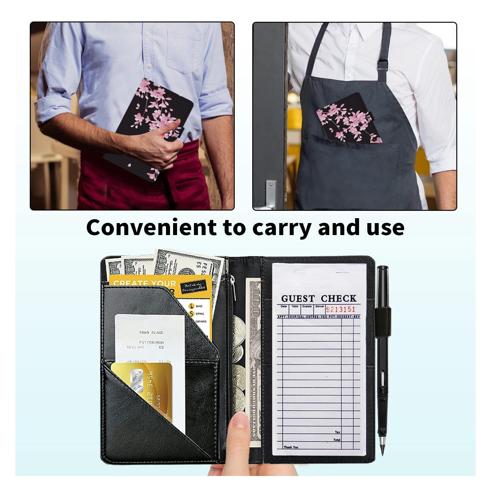 Server Book For Waitress With Everlasting Pencil,Money Pocket Leather Wallet Booklet,Guest Check Receipt Holder Presenters,Waiter Accessories Fit Server Apron 5.5" X 9"-Cow Texture