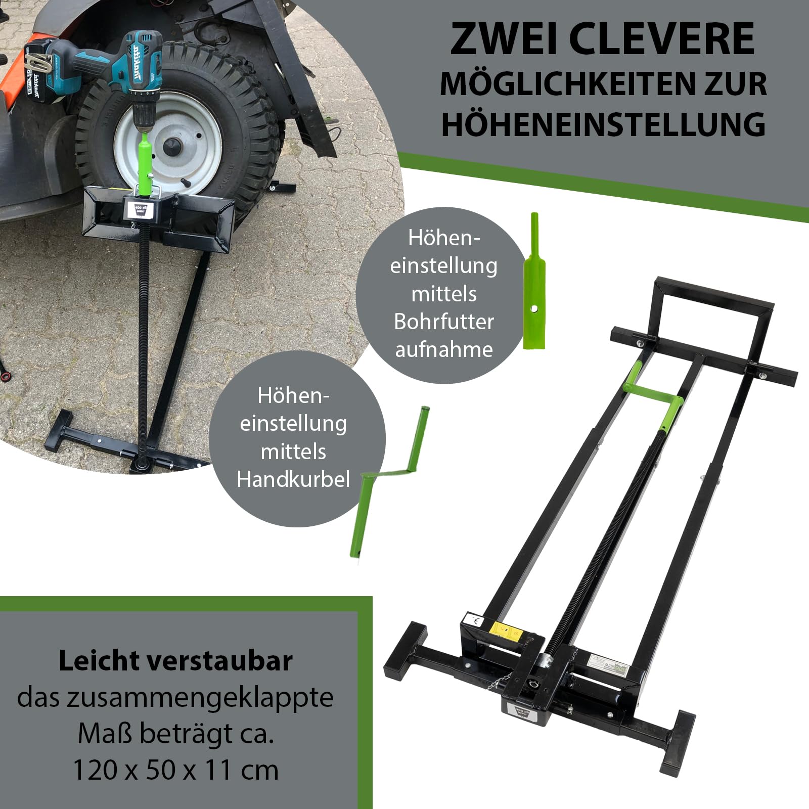 TRUTZHOLM Rasentraktorheber Heber für Rasentraktoren, Aufsitzmäher, 400 kg, Handkurbel und Adapter für Akkuschrauber Betrieb, stufenlos verstellbar, Neigung verstellbar platzsparend verstauen