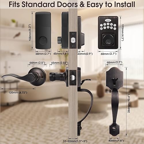 Miniatura 5 de Cerradura de puerta de entrada sin llave con asa, juegos de manijas de puerta delantera, cerrojo exterior para puerta delantera con acabado de