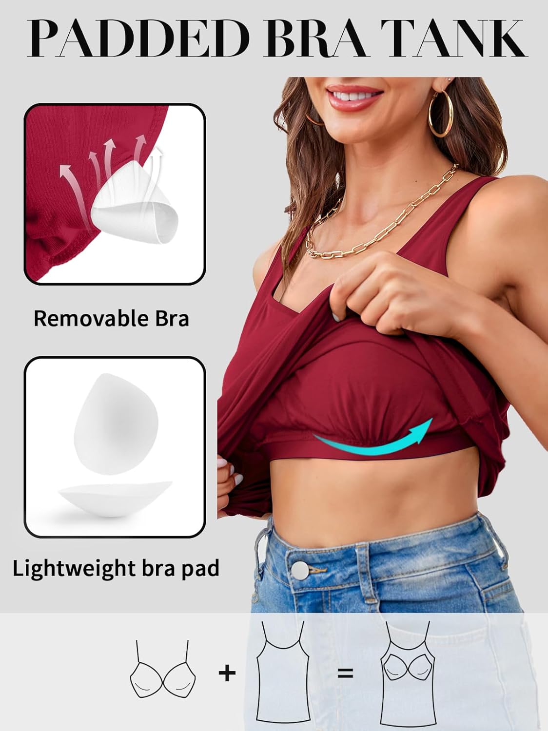 V FOR CITY Women Tank Top with Built-in Padded Bra Adjustable Wide Strap V-Neck Camisole Cotton Cami Shirts - Image 4