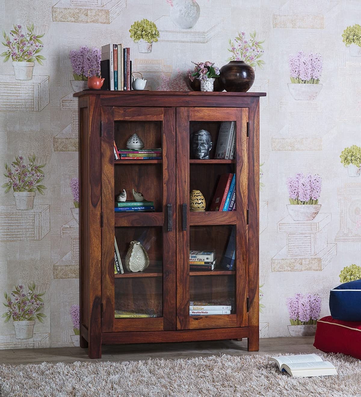 PC WOOD FURNITURE Wooden Bookshelf For Living Room | Solid Wood 4 Shelves Door Book Case Shelf With Storage For Home, Office & Study Room | Sheesham Wood (Honey Finish)-picture-13