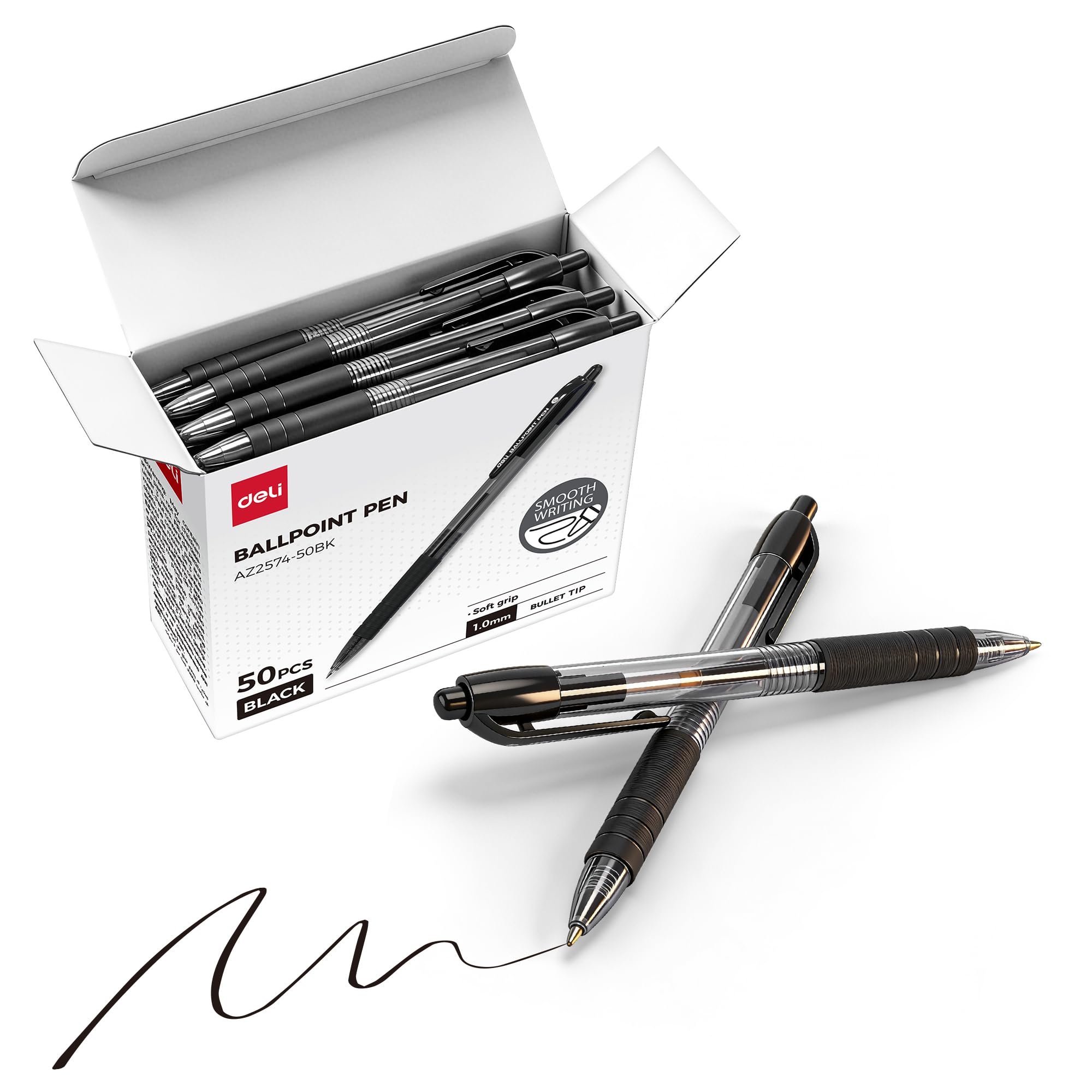 deli Pens Bulk 50 Pack Ballpoint Pens Black Ink 1 0MM Medium Point Smooth Writing Retractable Pen with