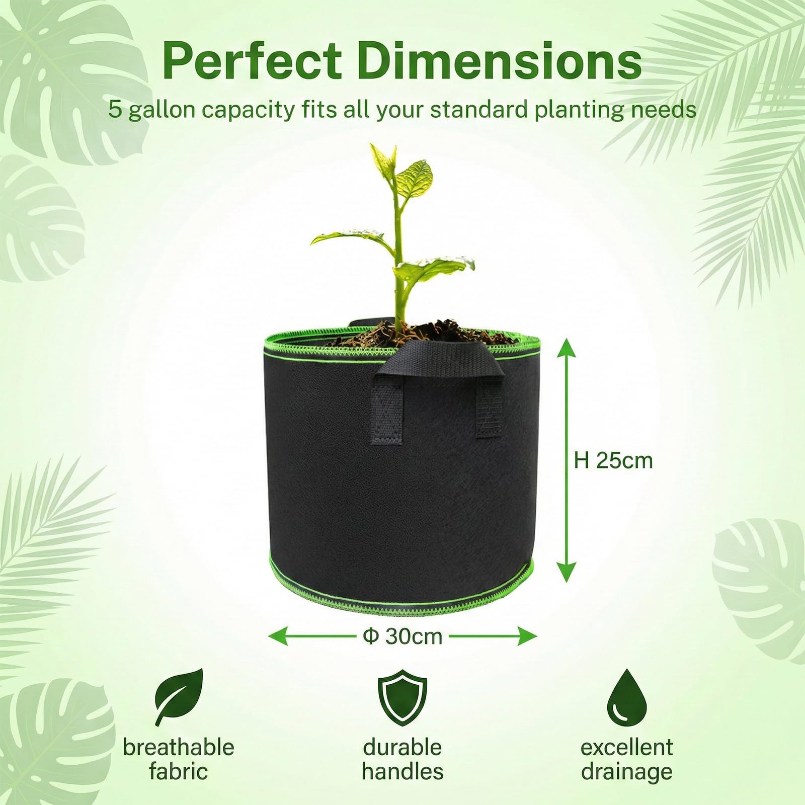 5 Bolsas de Cultivo de Tela No Tejida 20L con Asas, Macetas Reutilizables para Hortalizas y Plantas