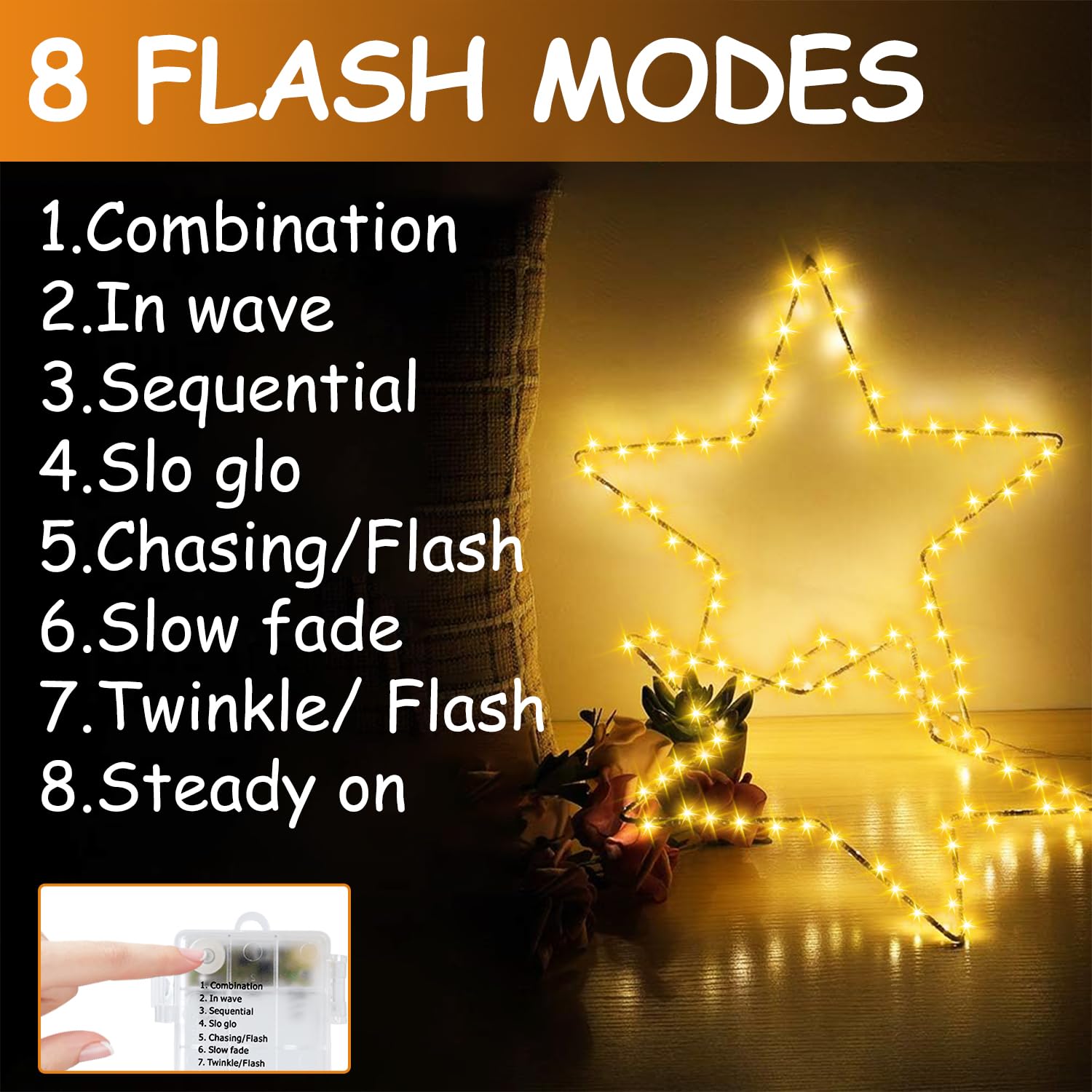 Luces Navideñas Con Forma De Estrella - Pack De 3, 120 LED, A Pilas, Control Remoto, 8 Modos, IP44, Para Interior Y Exterior