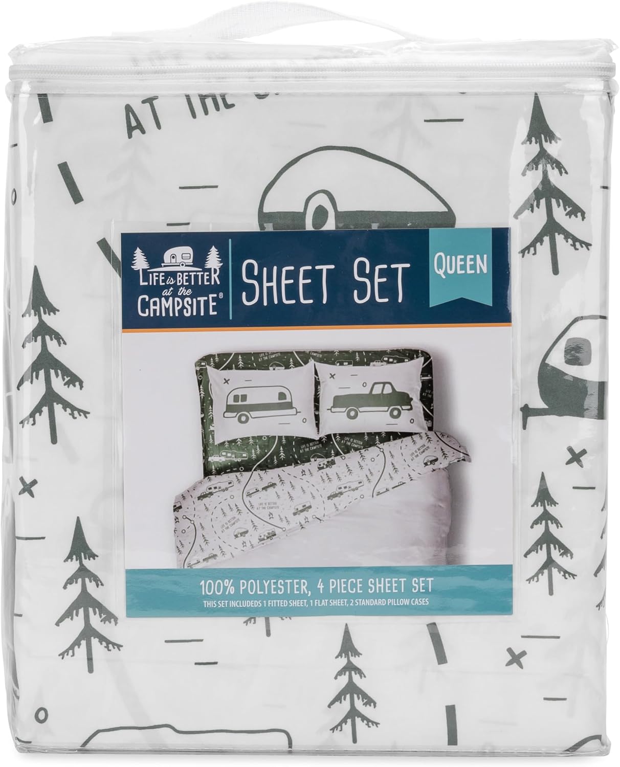 Camco Life is Better at The Campsite RV Bed Sheet Set | for RV Queen-Size Beds | Features a Green Map Design (53476)